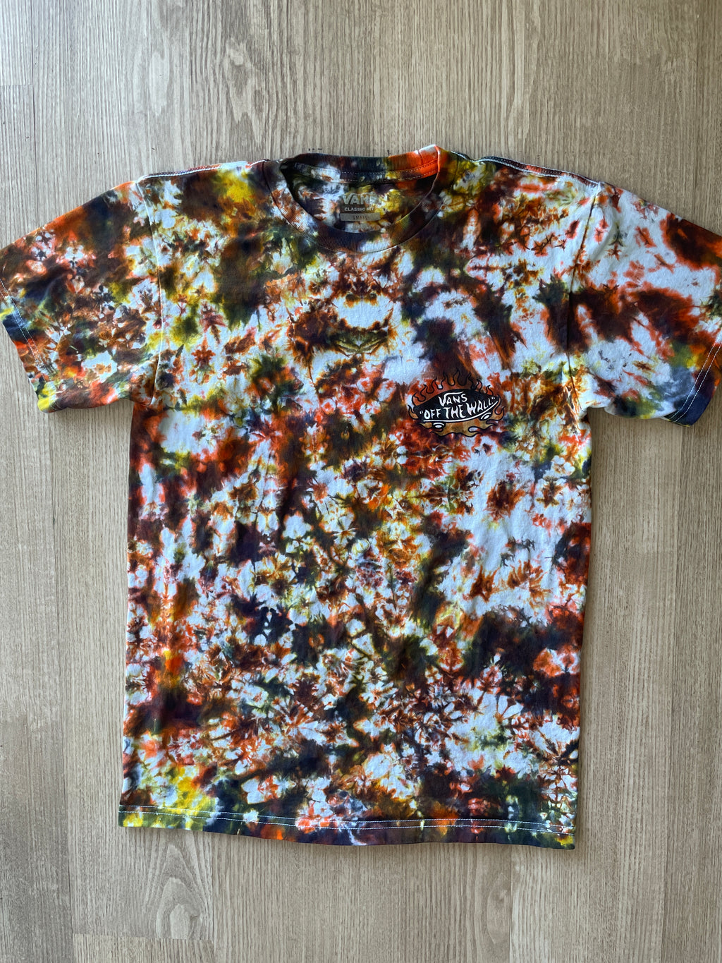 SMALL Men’s Vans Hot Skate Handmade Tie Dye T-Shirt | One-Of-a-Kind Black, Yellow, and Orange Short Sleeve