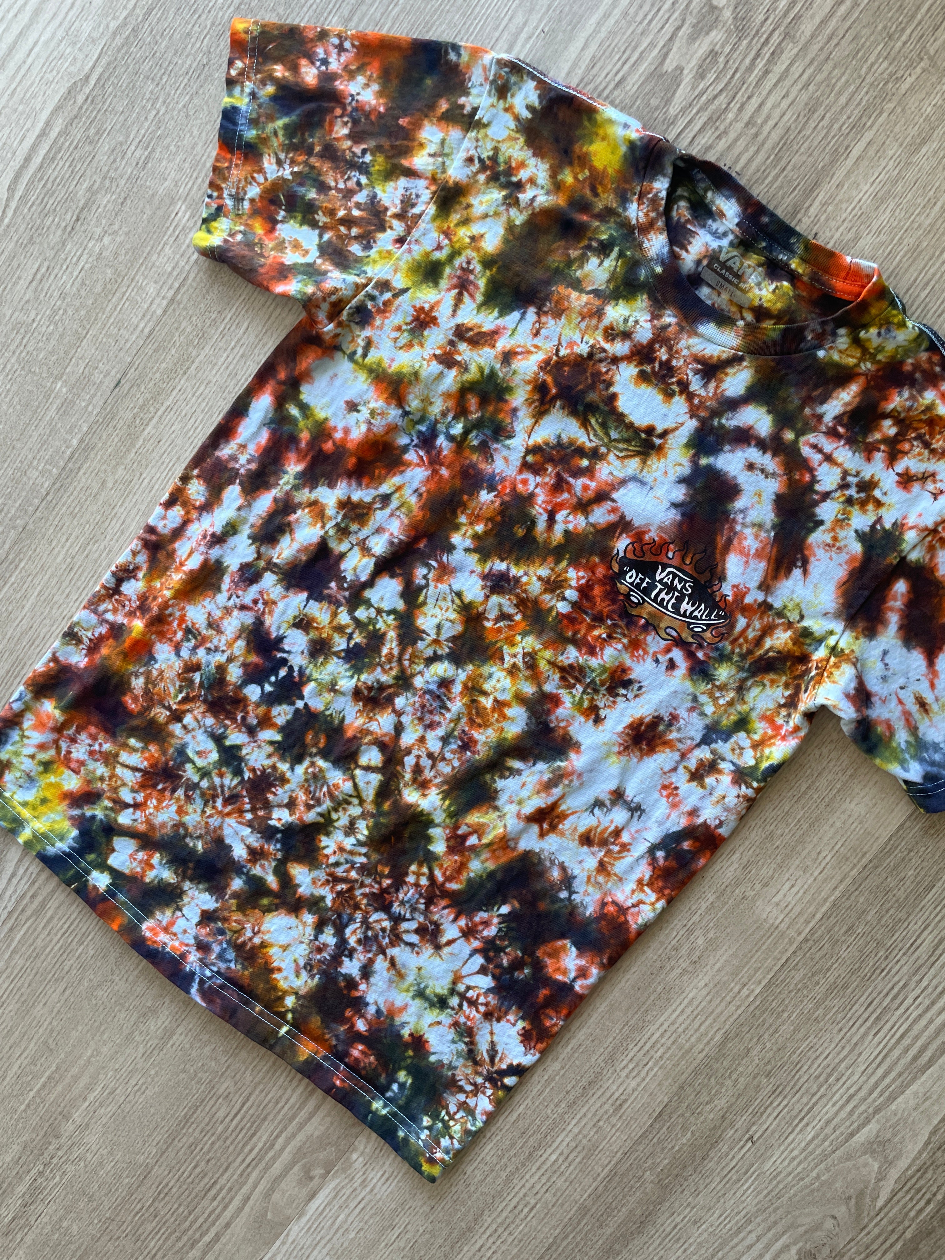 SMALL Men’s Vans Hot Skate Handmade Tie Dye T-Shirt | One-Of-a-Kind Black, Yellow, and Orange Short Sleeve