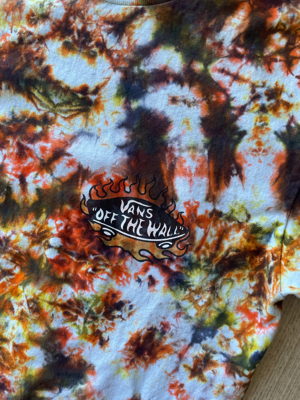 SMALL Men’s Vans Hot Skate Handmade Tie Dye T-Shirt | One-Of-a-Kind Black, Yellow, and Orange Short Sleeve