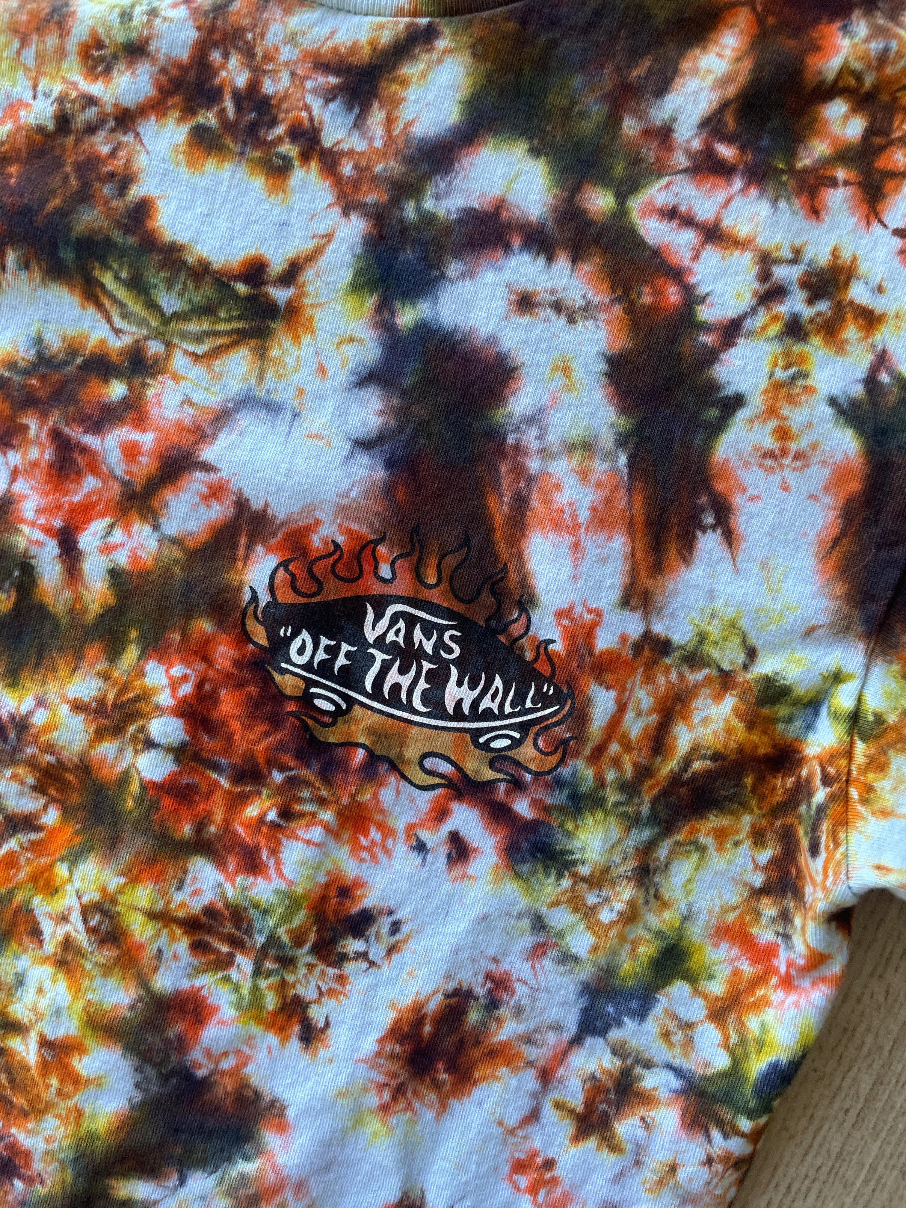 SMALL Men’s Vans Hot Skate Handmade Tie Dye T-Shirt | One-Of-a-Kind Black, Yellow, and Orange Short Sleeve
