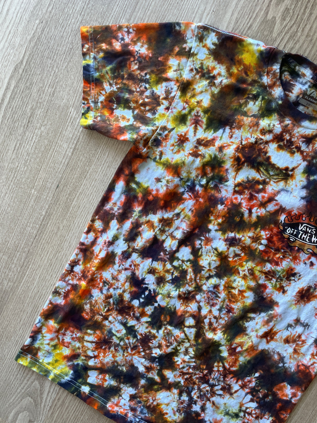 SMALL Men’s Vans Hot Skate Handmade Tie Dye T-Shirt | One-Of-a-Kind Black, Yellow, and Orange Short Sleeve