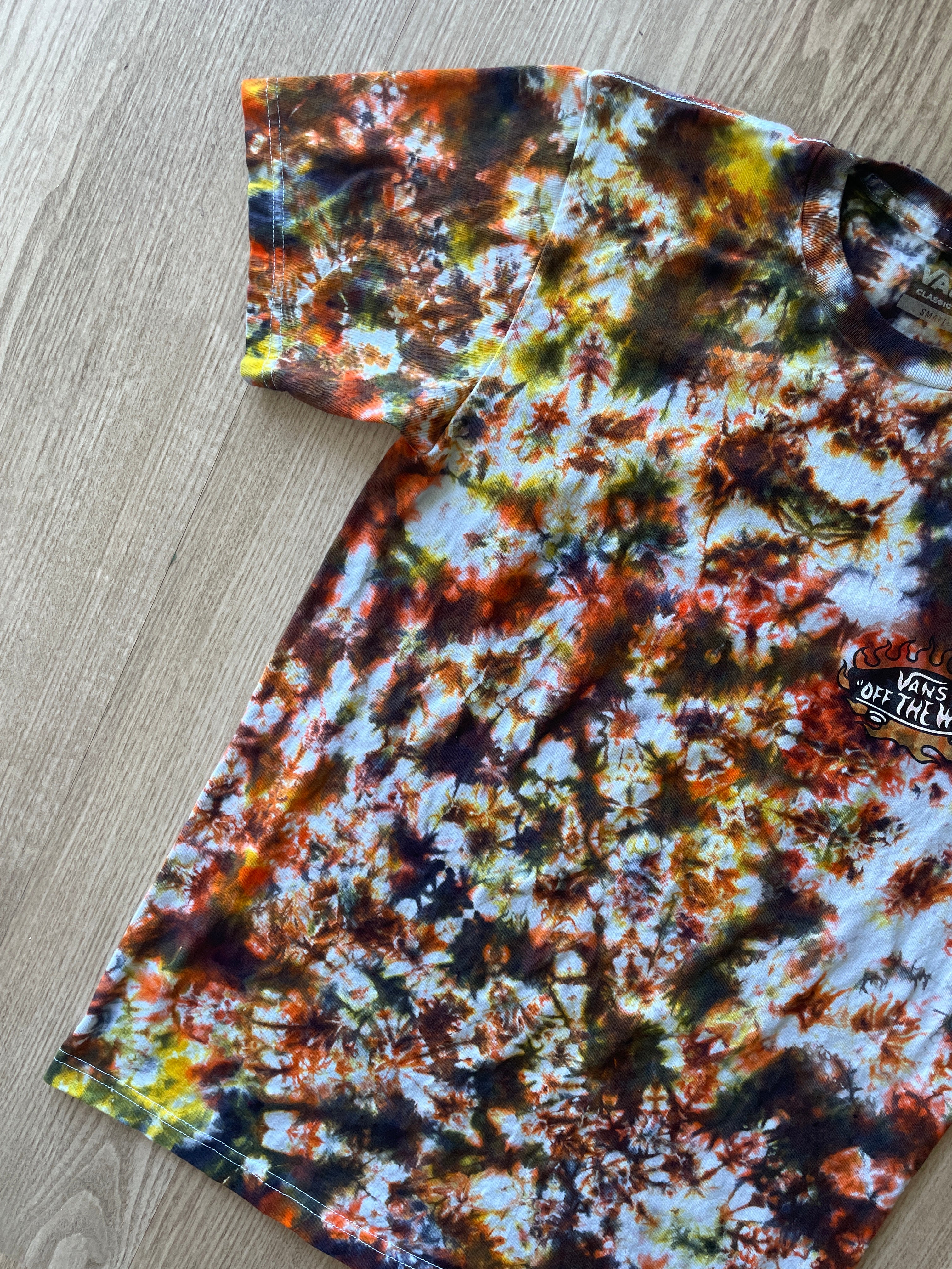 SMALL Men’s Vans Hot Skate Handmade Tie Dye T-Shirt | One-Of-a-Kind Black, Yellow, and Orange Short Sleeve