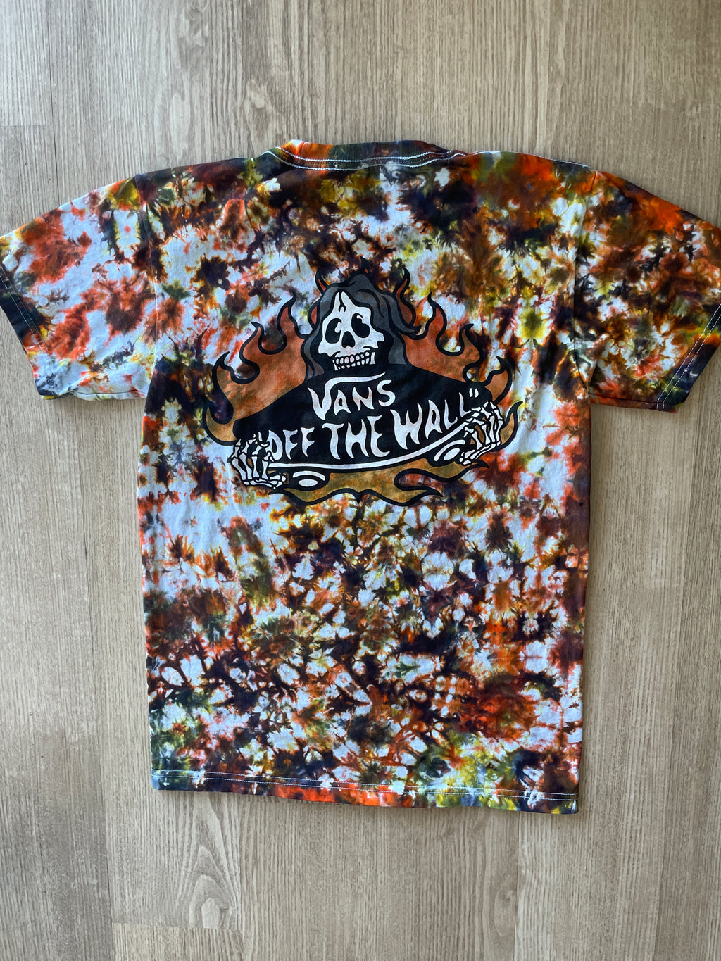 SMALL Men’s Vans Hot Skate Handmade Tie Dye T-Shirt | One-Of-a-Kind Black, Yellow, and Orange Short Sleeve