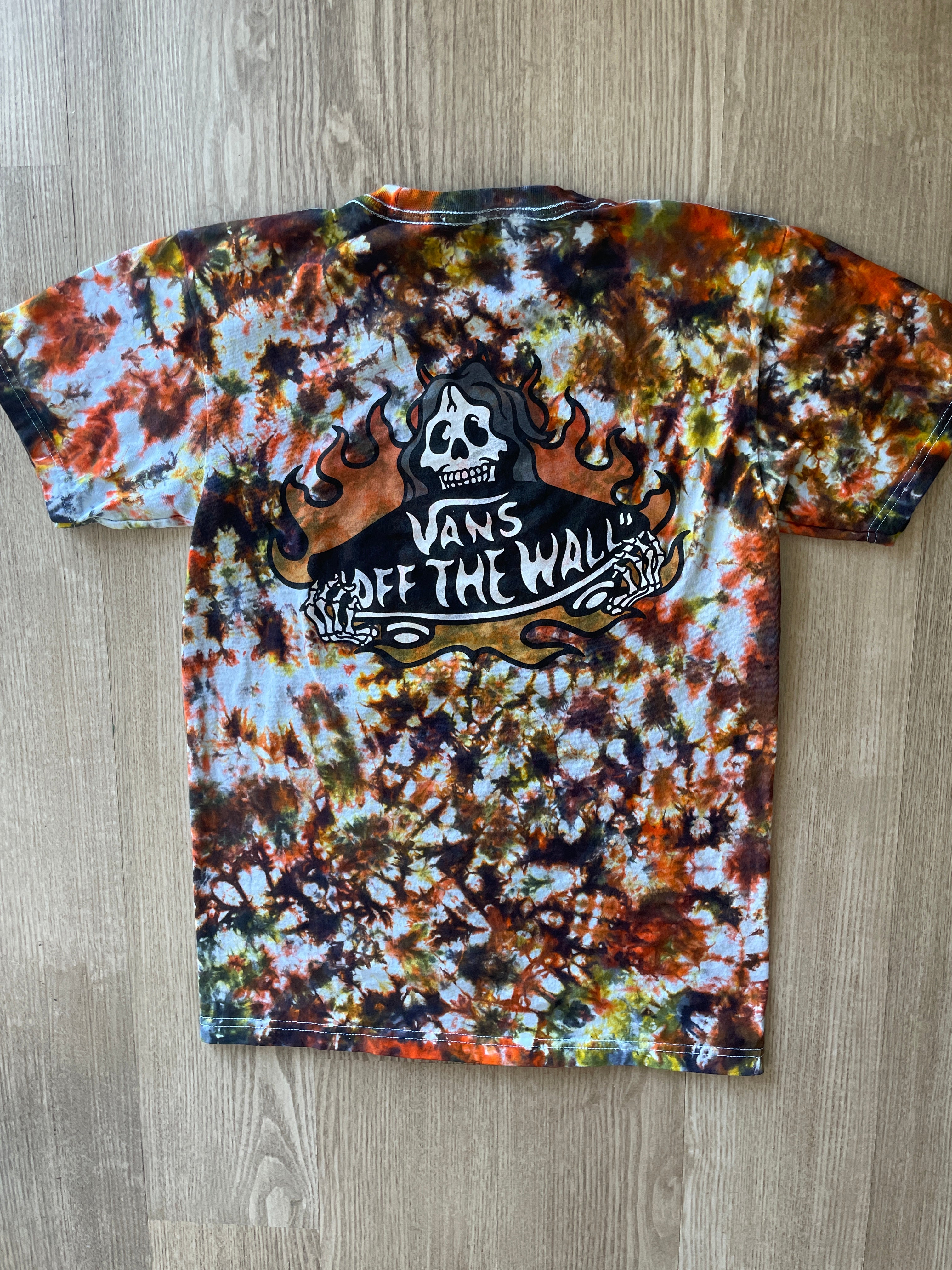 SMALL Men’s Vans Hot Skate Handmade Tie Dye T-Shirt | One-Of-a-Kind Black, Yellow, and Orange Short Sleeve