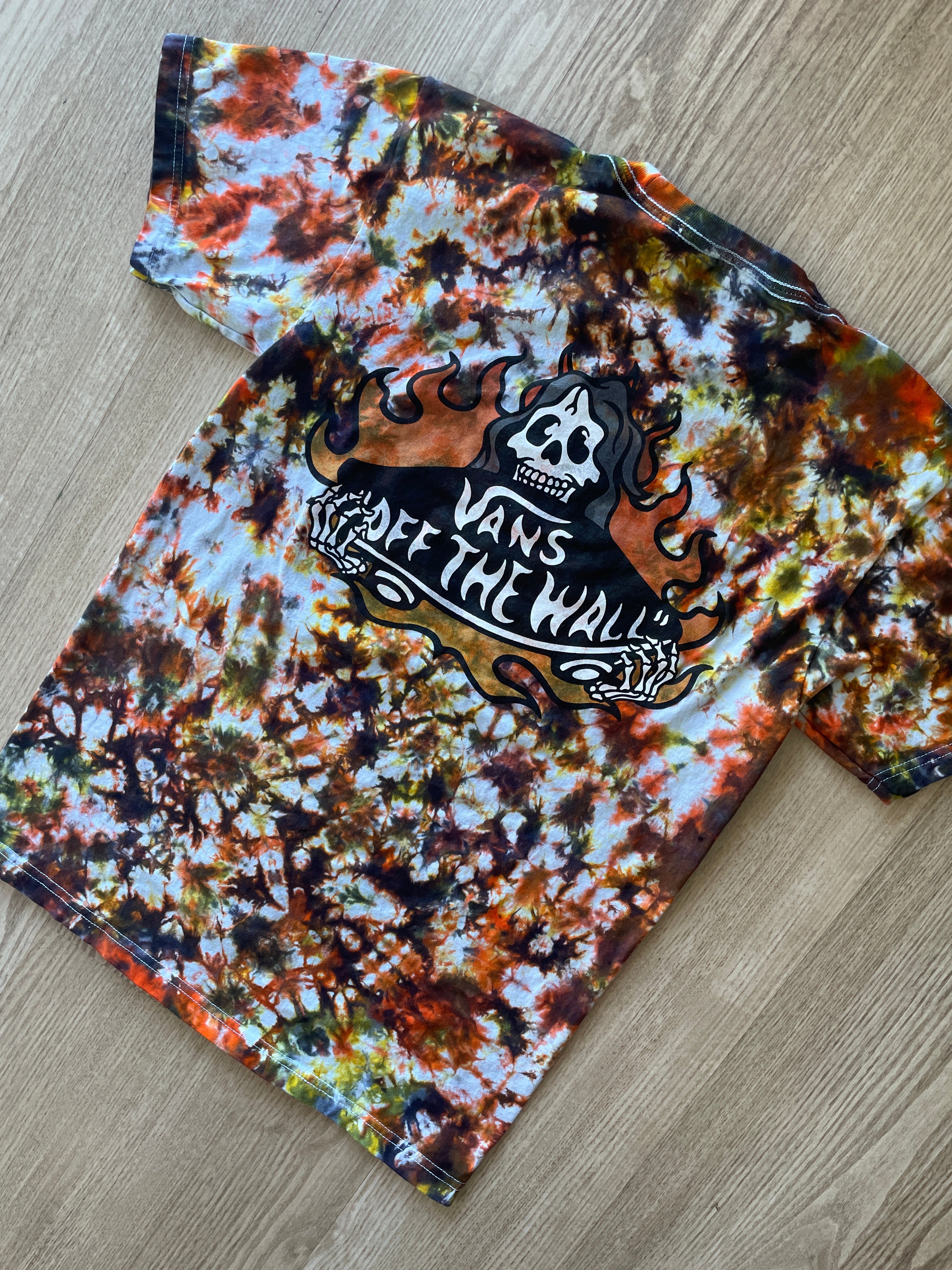 SMALL Men’s Vans Hot Skate Handmade Tie Dye T-Shirt | One-Of-a-Kind Black, Yellow, and Orange Short Sleeve