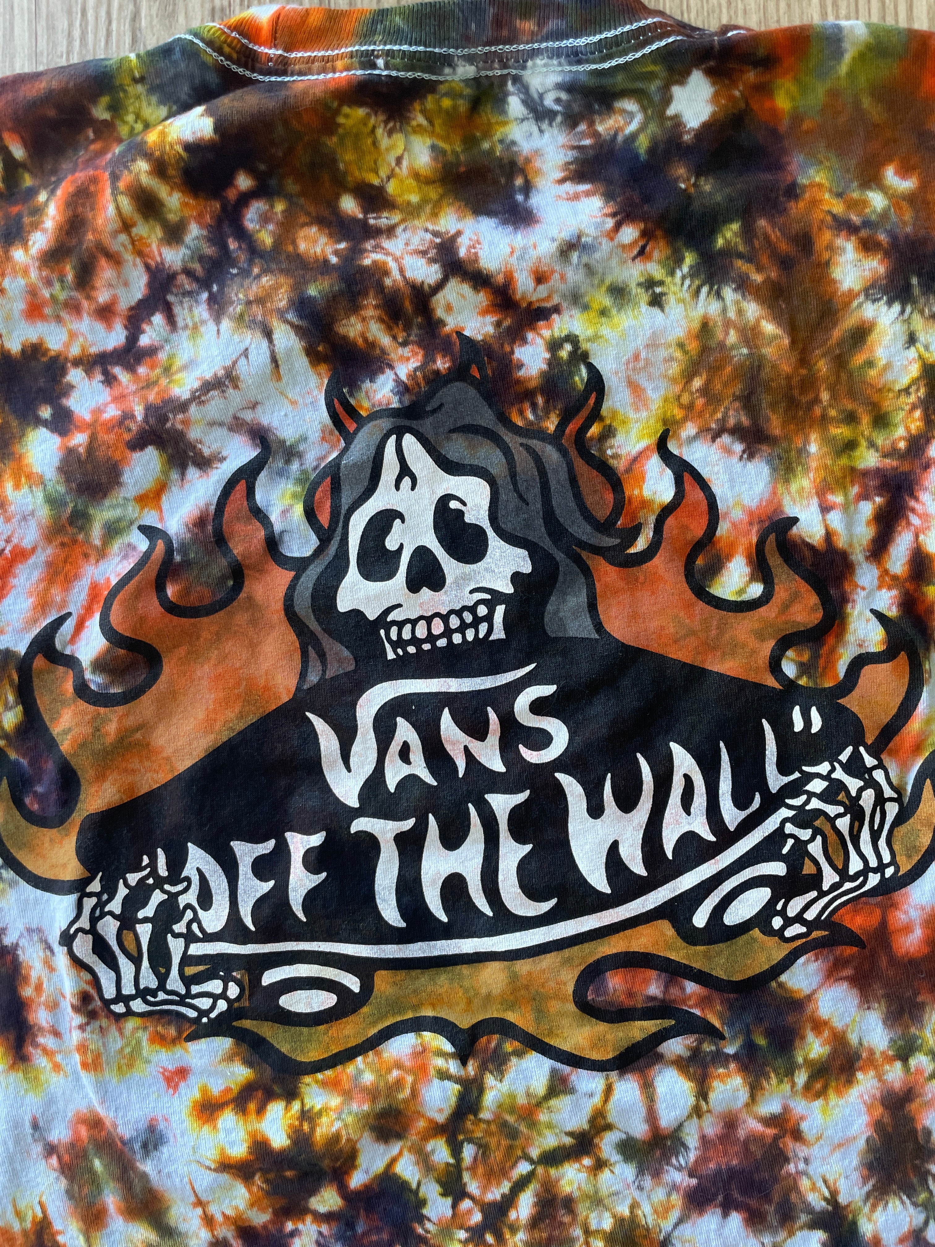 SMALL Men’s Vans Hot Skate Handmade Tie Dye T-Shirt | One-Of-a-Kind Black, Yellow, and Orange Short Sleeve