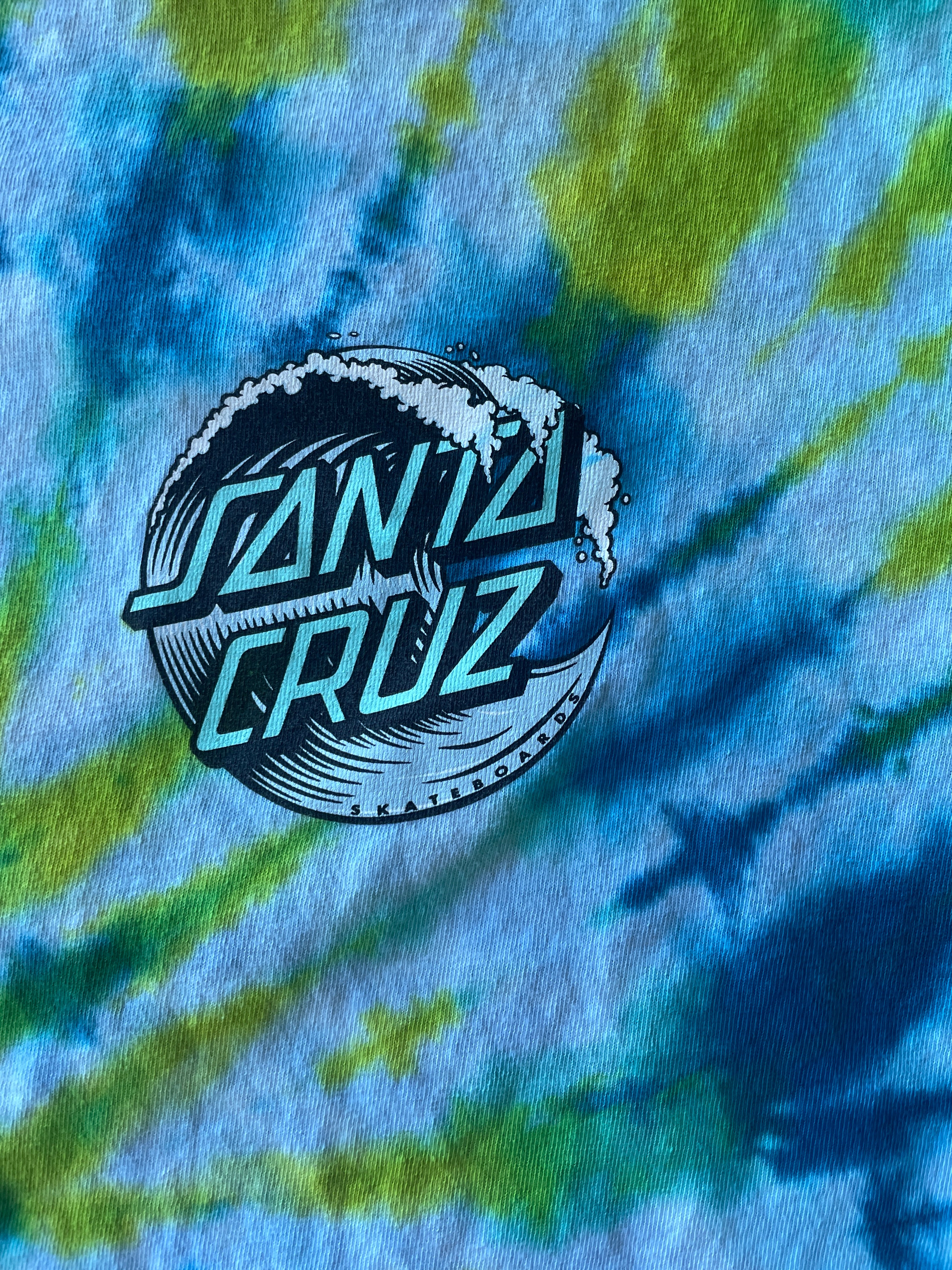 LARGE Men’s Santa Cruz Tie Dye Short Sleeve Crop Top | One-Of-a-Kind Upcycled Green and Blue Spiral Top