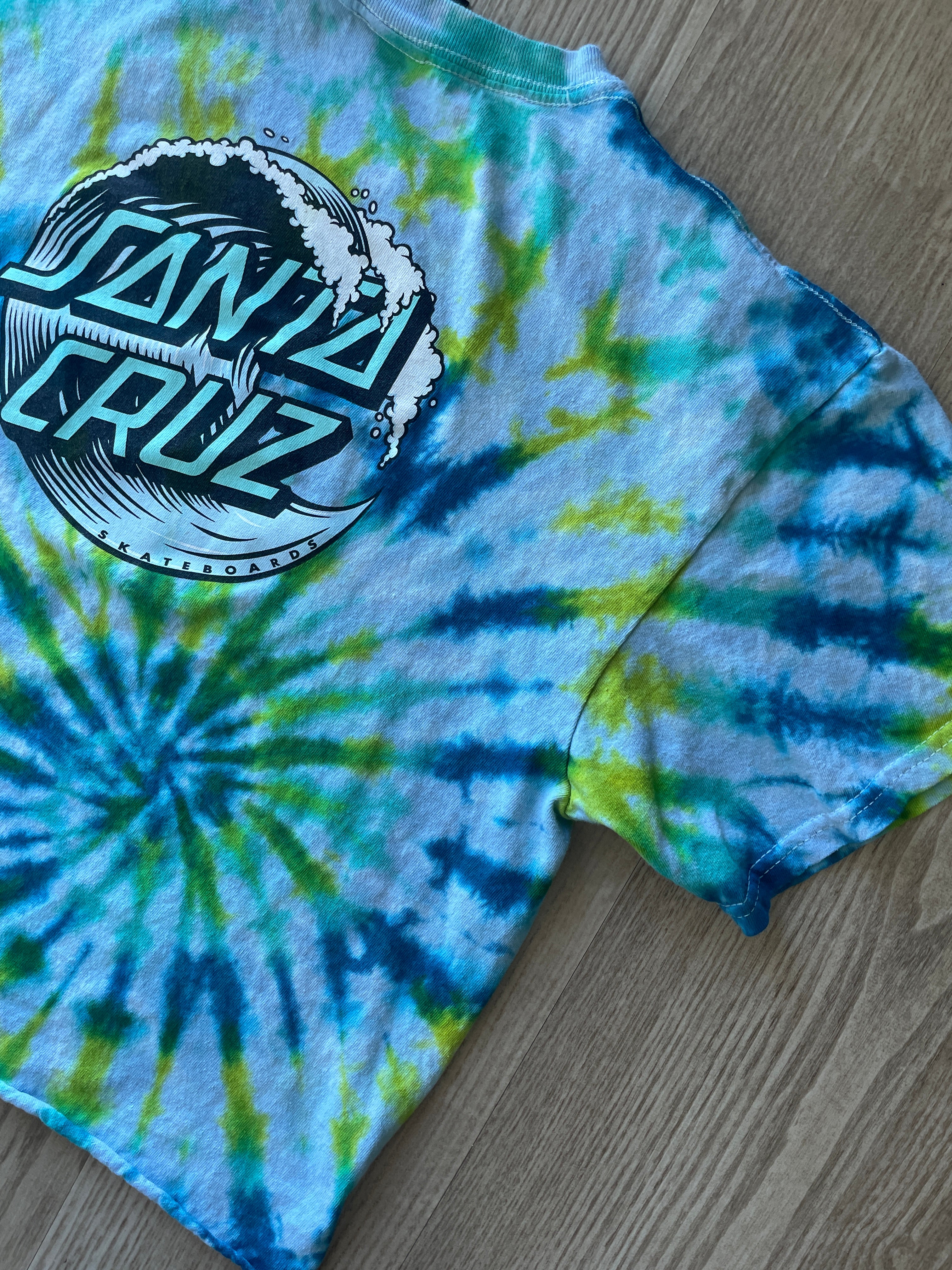 LARGE Men’s Santa Cruz Tie Dye Short Sleeve Crop Top | One-Of-a-Kind Upcycled Green and Blue Spiral Top
