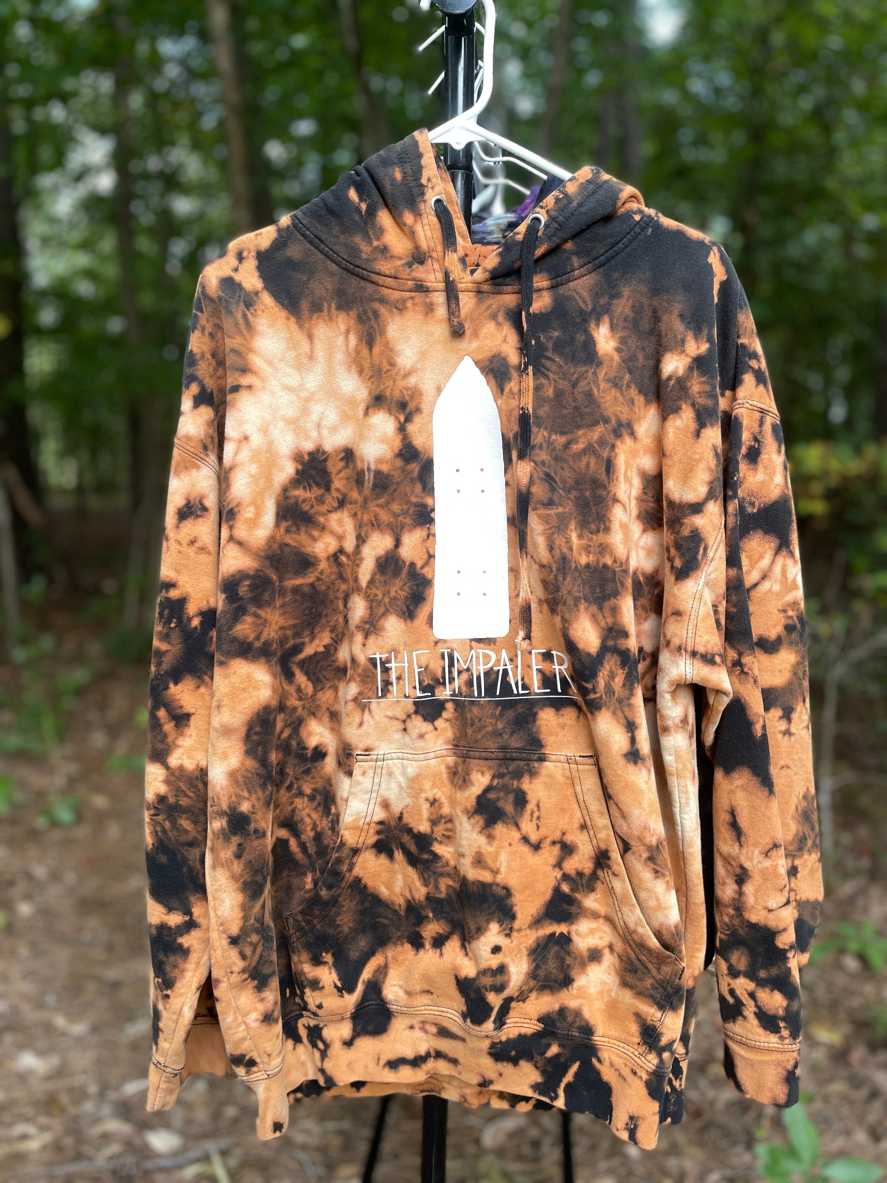 XL Men's The Impaler Snowboard Mag Bleach Dye Long Sleeve Pullover Hoodie | One-Of-a-Kind Upcycled Black and Orange Sweatshirt