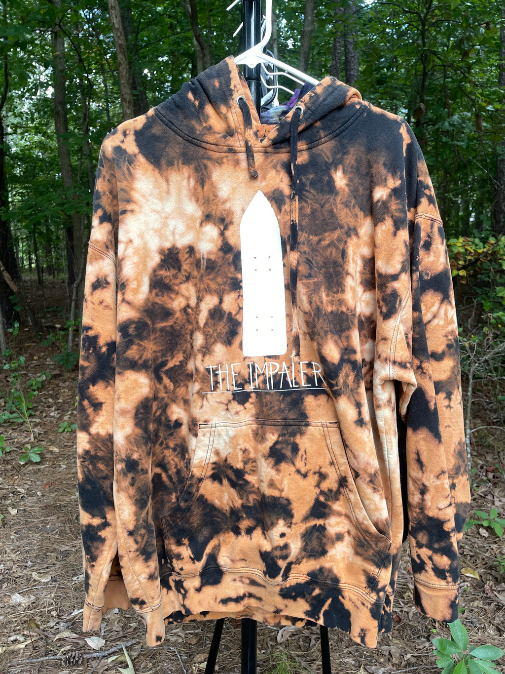 XL Men's The Impaler Snowboard Mag Bleach Dye Long Sleeve Pullover Hoodie | One-Of-a-Kind Upcycled Black and Orange Sweatshirt