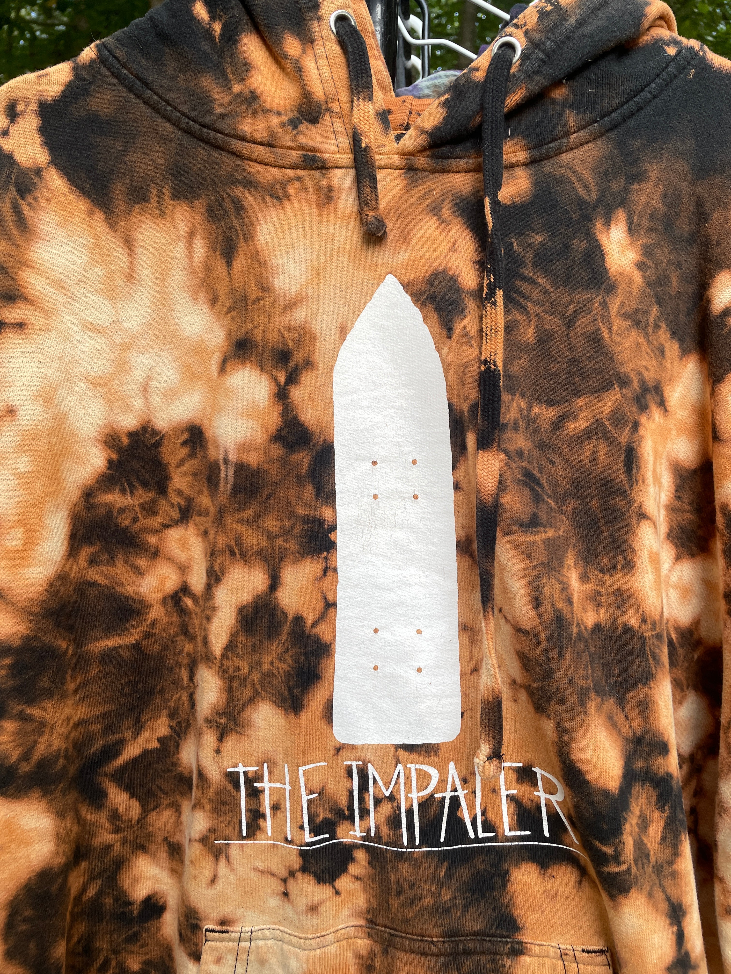 XL Men's The Impaler Snowboard Mag Bleach Dye Long Sleeve Pullover Hoodie | One-Of-a-Kind Upcycled Black and Orange Sweatshirt