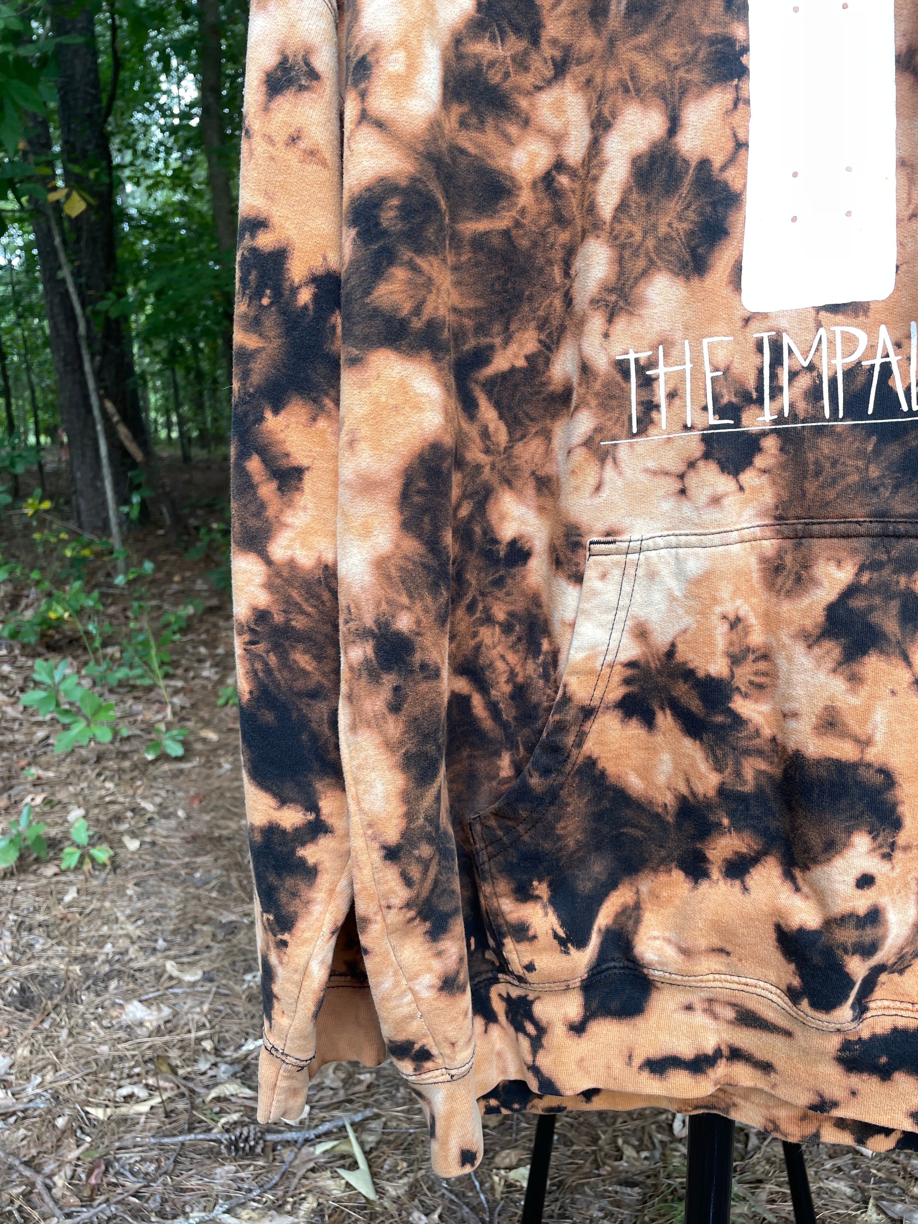 XL Men's The Impaler Snowboard Mag Bleach Dye Long Sleeve Pullover Hoodie | One-Of-a-Kind Upcycled Black and Orange Sweatshirt