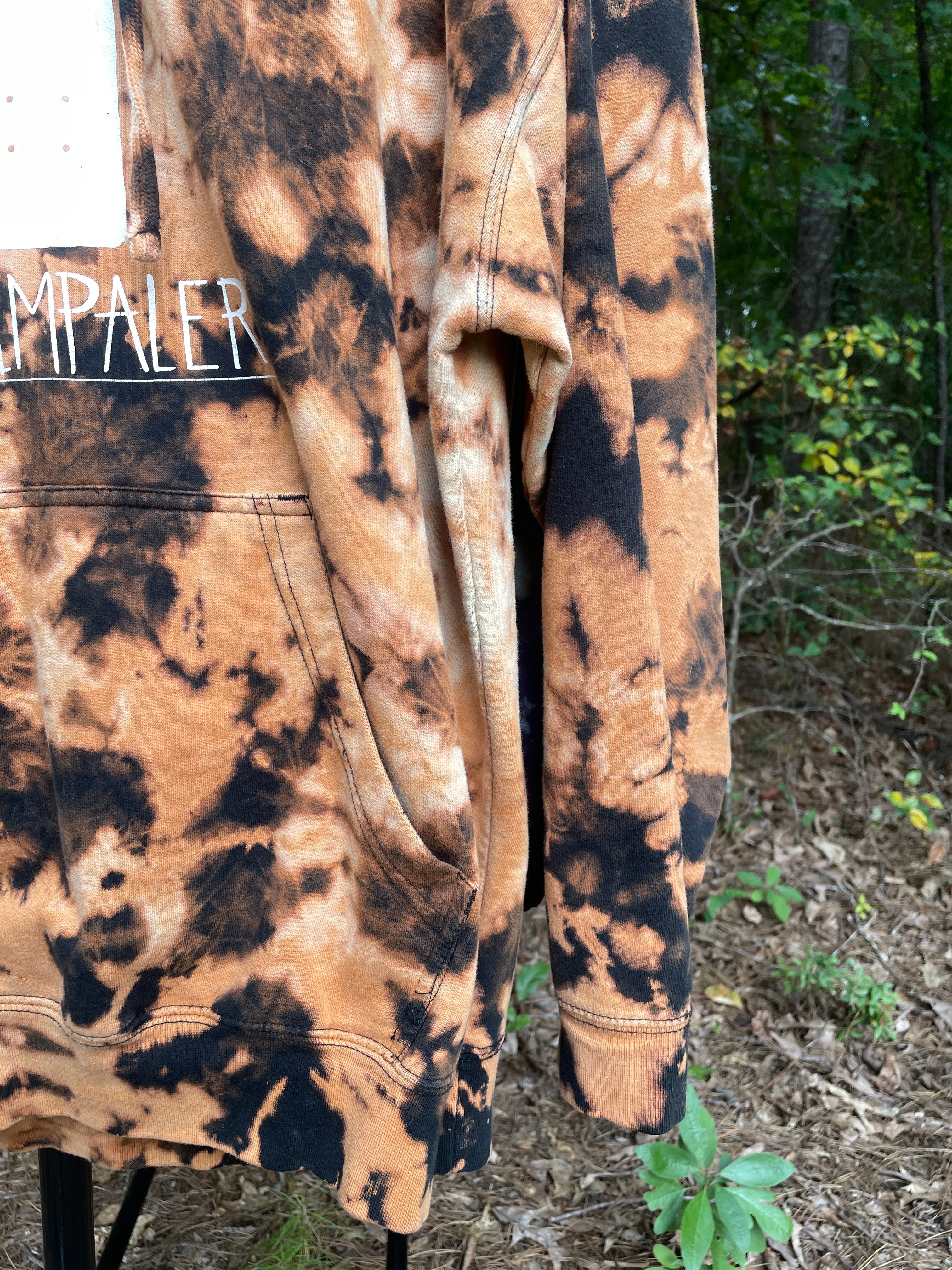 XL Men's The Impaler Snowboard Mag Bleach Dye Long Sleeve Pullover Hoodie | One-Of-a-Kind Upcycled Black and Orange Sweatshirt