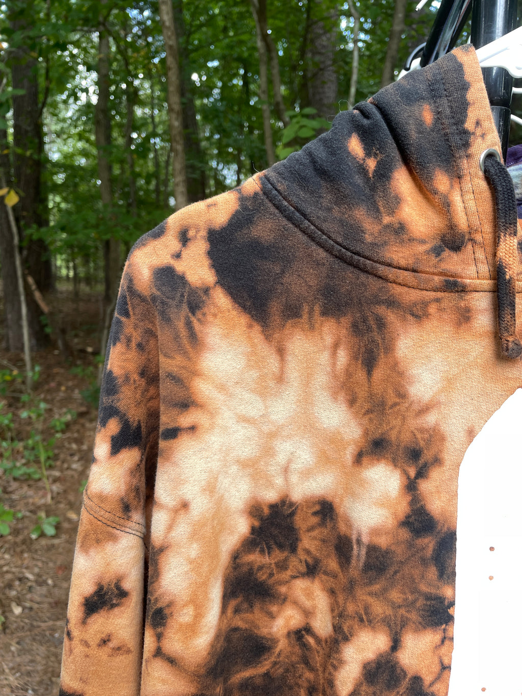 XL Men's The Impaler Snowboard Mag Bleach Dye Long Sleeve Pullover Hoodie | One-Of-a-Kind Upcycled Black and Orange Sweatshirt