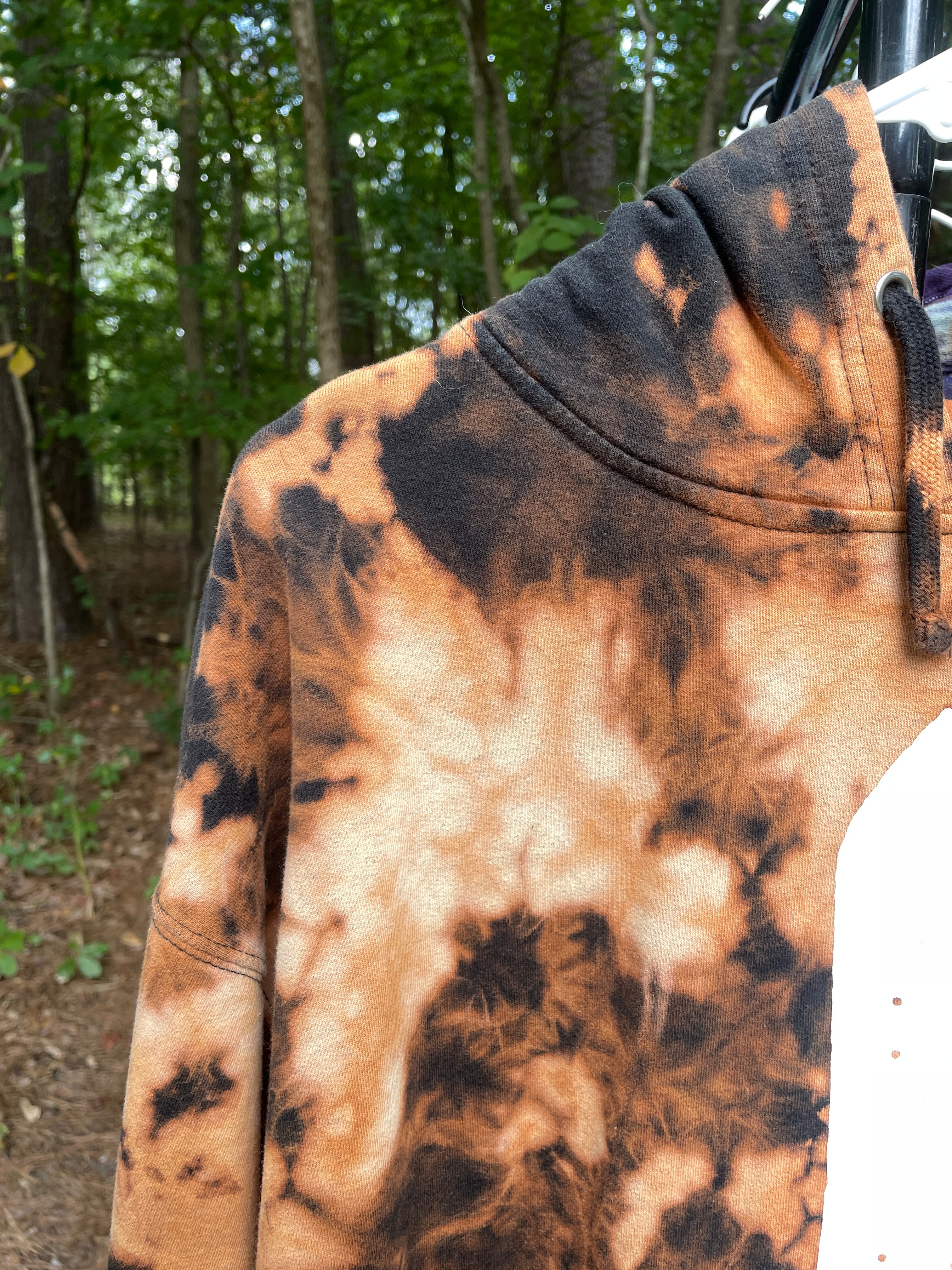 XL Men's The Impaler Snowboard Mag Bleach Dye Long Sleeve Pullover Hoodie | One-Of-a-Kind Upcycled Black and Orange Sweatshirt