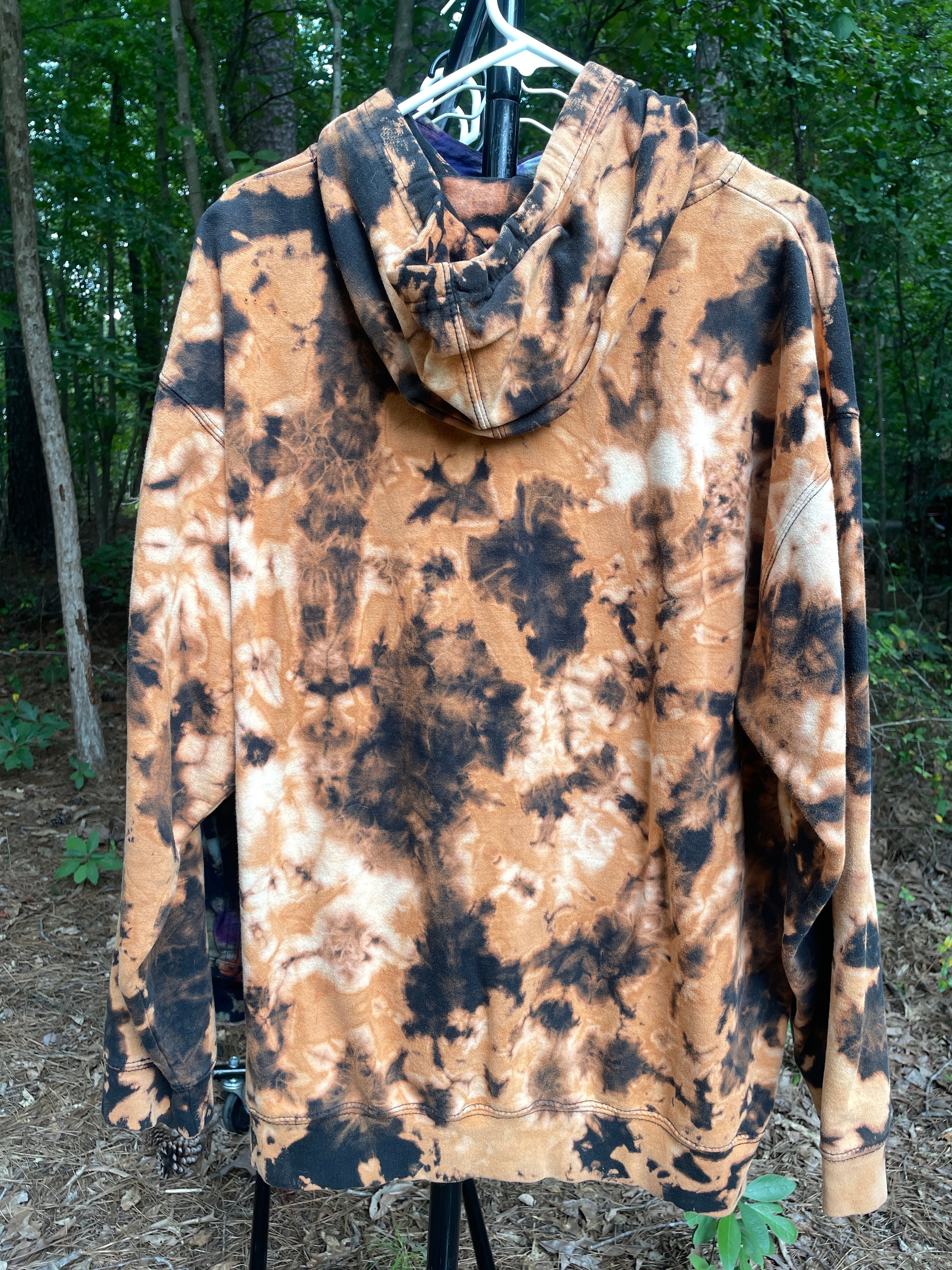 XL Men's The Impaler Snowboard Mag Bleach Dye Long Sleeve Pullover Hoodie | One-Of-a-Kind Upcycled Black and Orange Sweatshirt