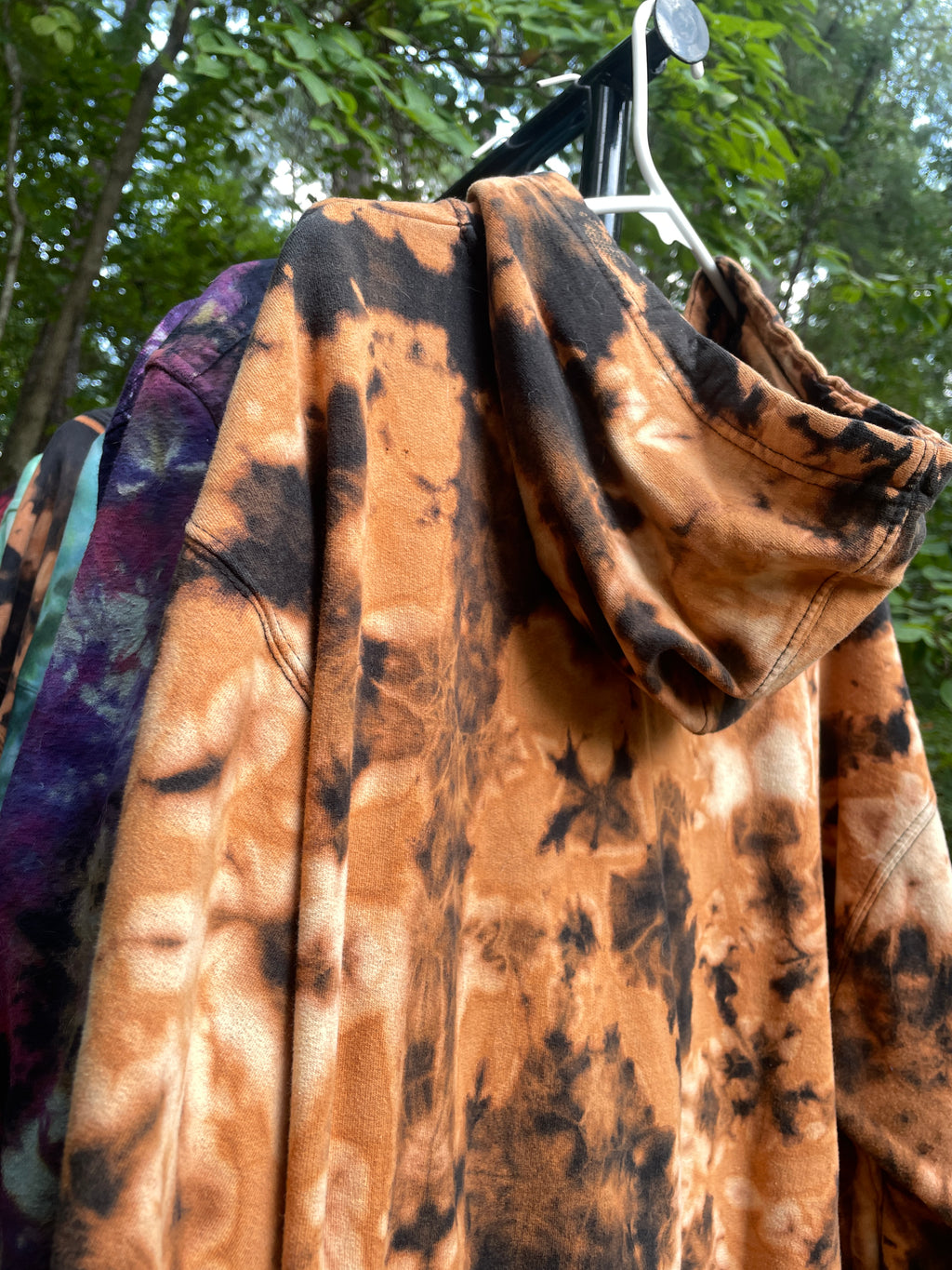 XL Men's The Impaler Snowboard Mag Bleach Dye Long Sleeve Pullover Hoodie | One-Of-a-Kind Upcycled Black and Orange Sweatshirt