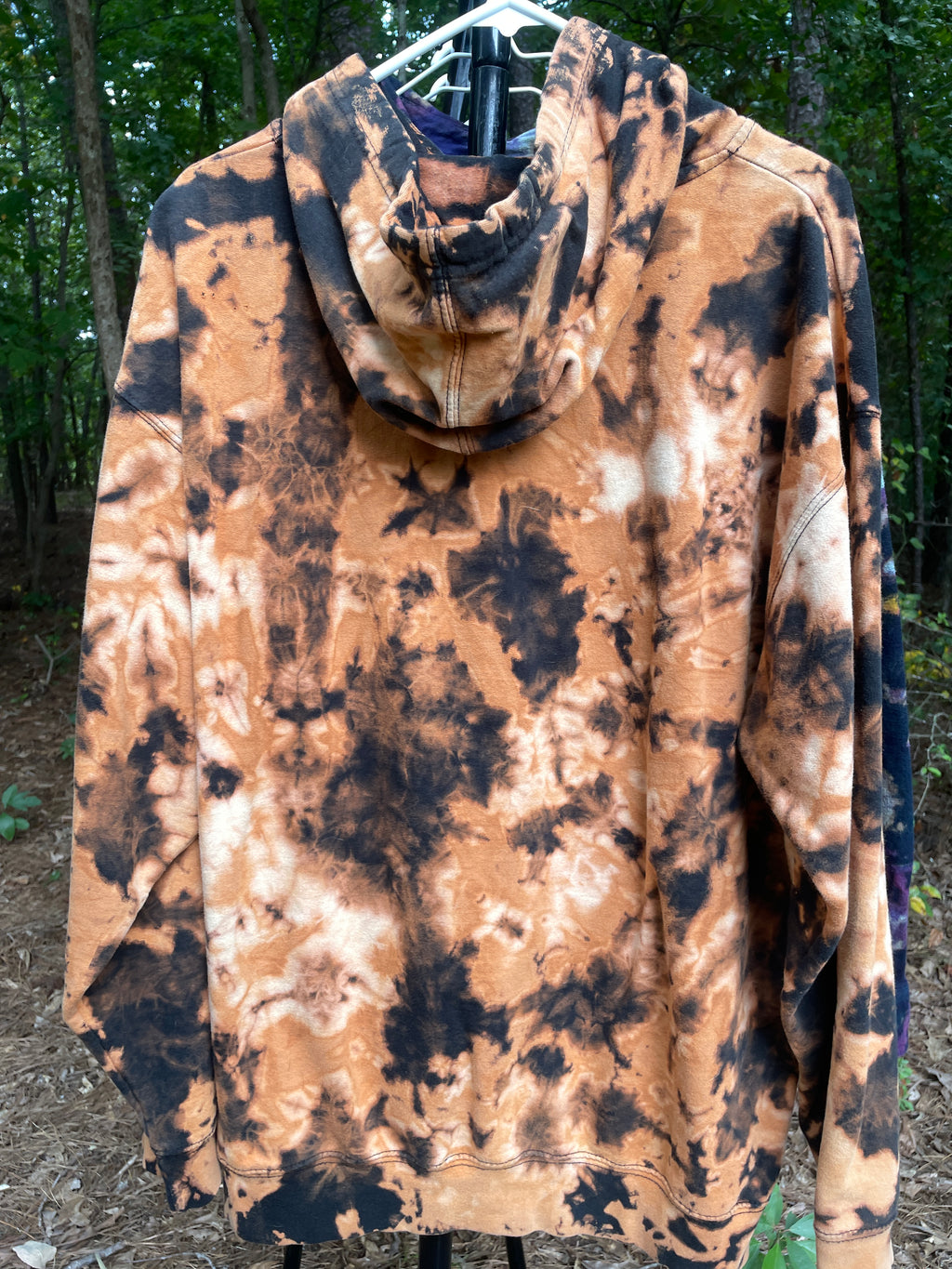XL Men's The Impaler Snowboard Mag Bleach Dye Long Sleeve Pullover Hoodie | One-Of-a-Kind Upcycled Black and Orange Sweatshirt