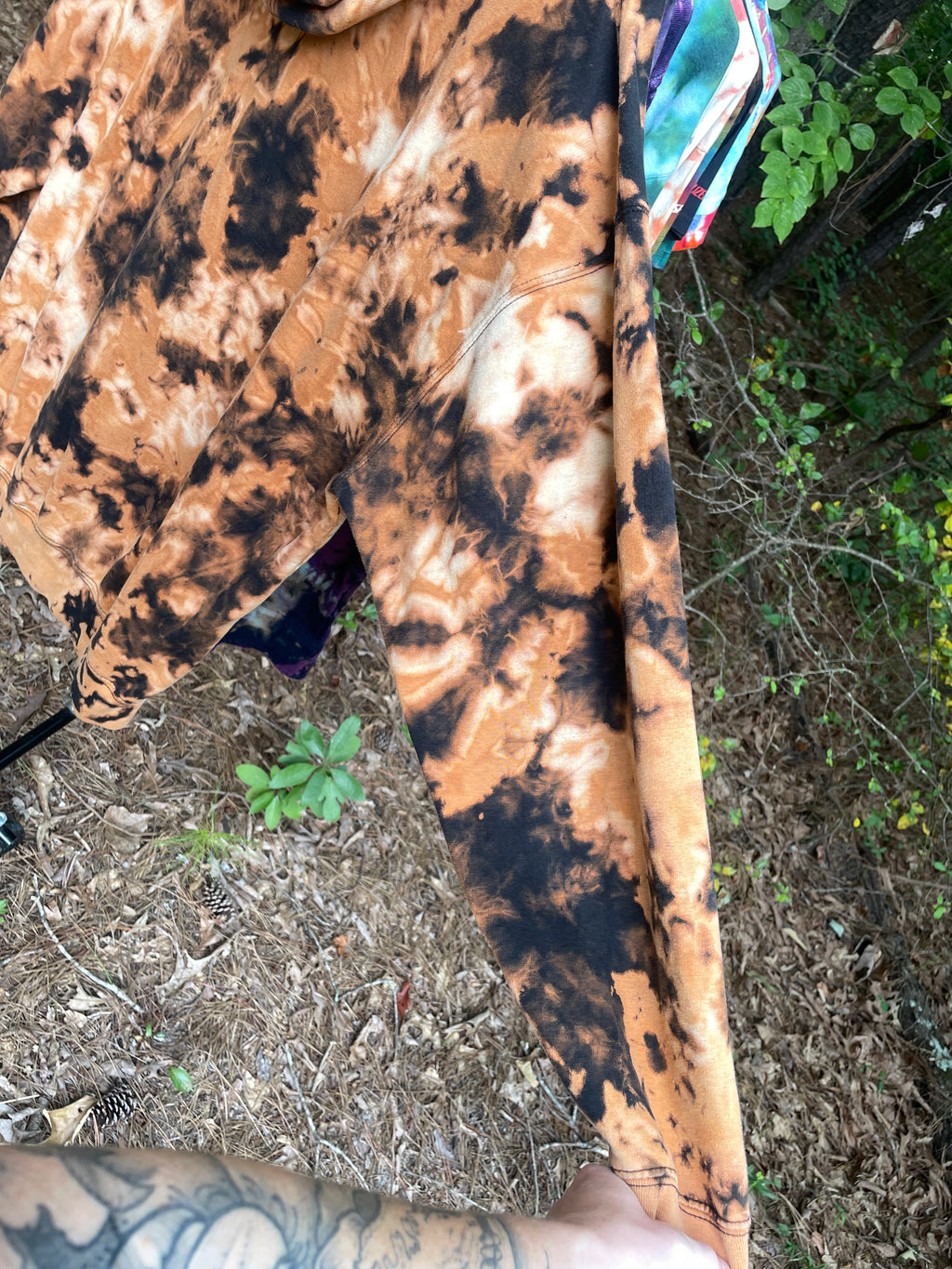 XL Men's The Impaler Snowboard Mag Bleach Dye Long Sleeve Pullover Hoodie | One-Of-a-Kind Upcycled Black and Orange Sweatshirt