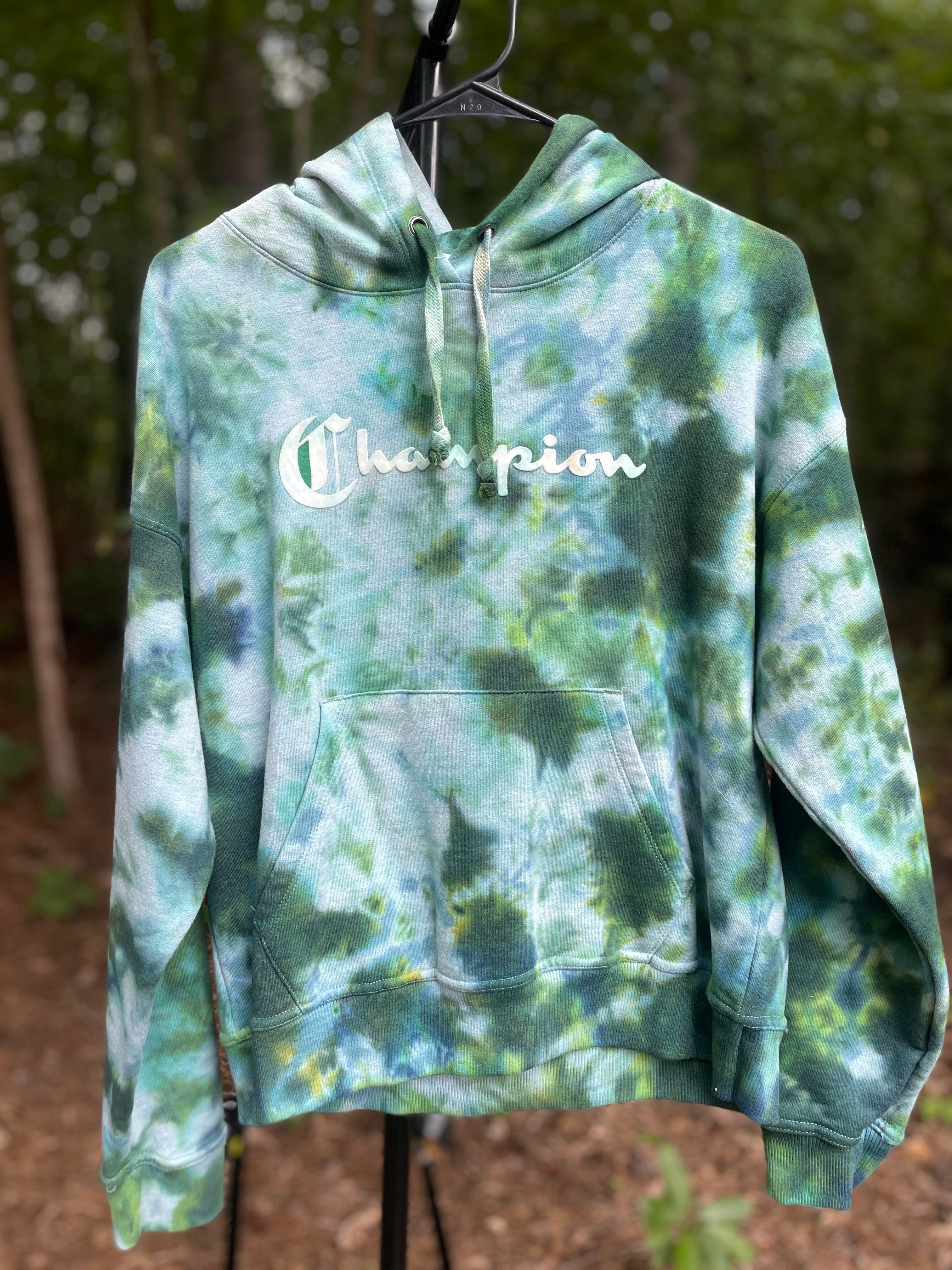 Small Women's Champion Tie Dye Long Sleeve Pullover Hoodie | One-Of-a-Kind Upcycled Green and Blue Sweatshirt