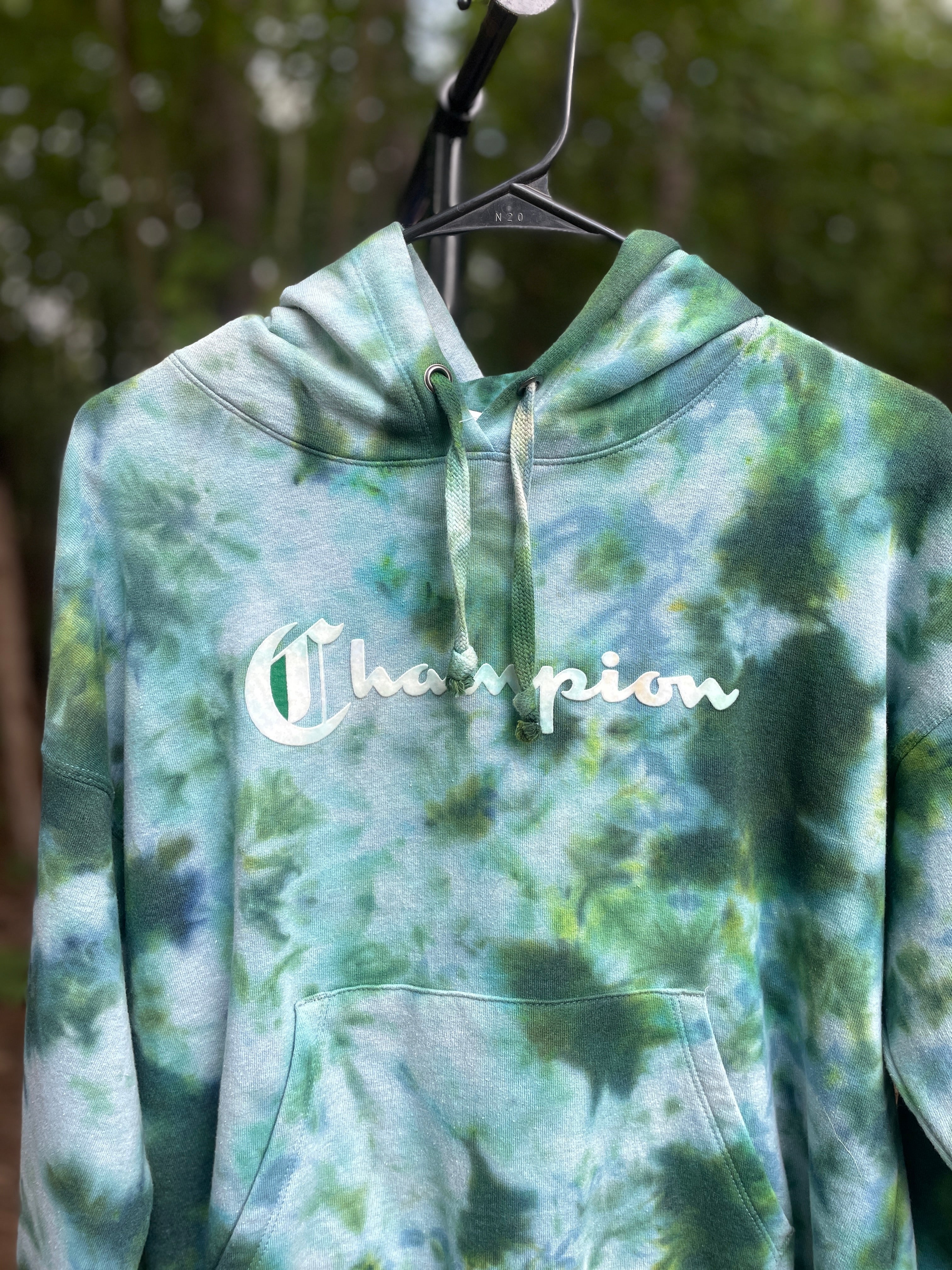 Small Women's Champion Tie Dye Long Sleeve Pullover Hoodie | One-Of-a-Kind Upcycled Green and Blue Sweatshirt