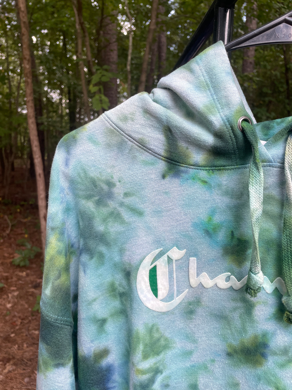Small Women's Champion Tie Dye Long Sleeve Pullover Hoodie | One-Of-a-Kind Upcycled Green and Blue Sweatshirt