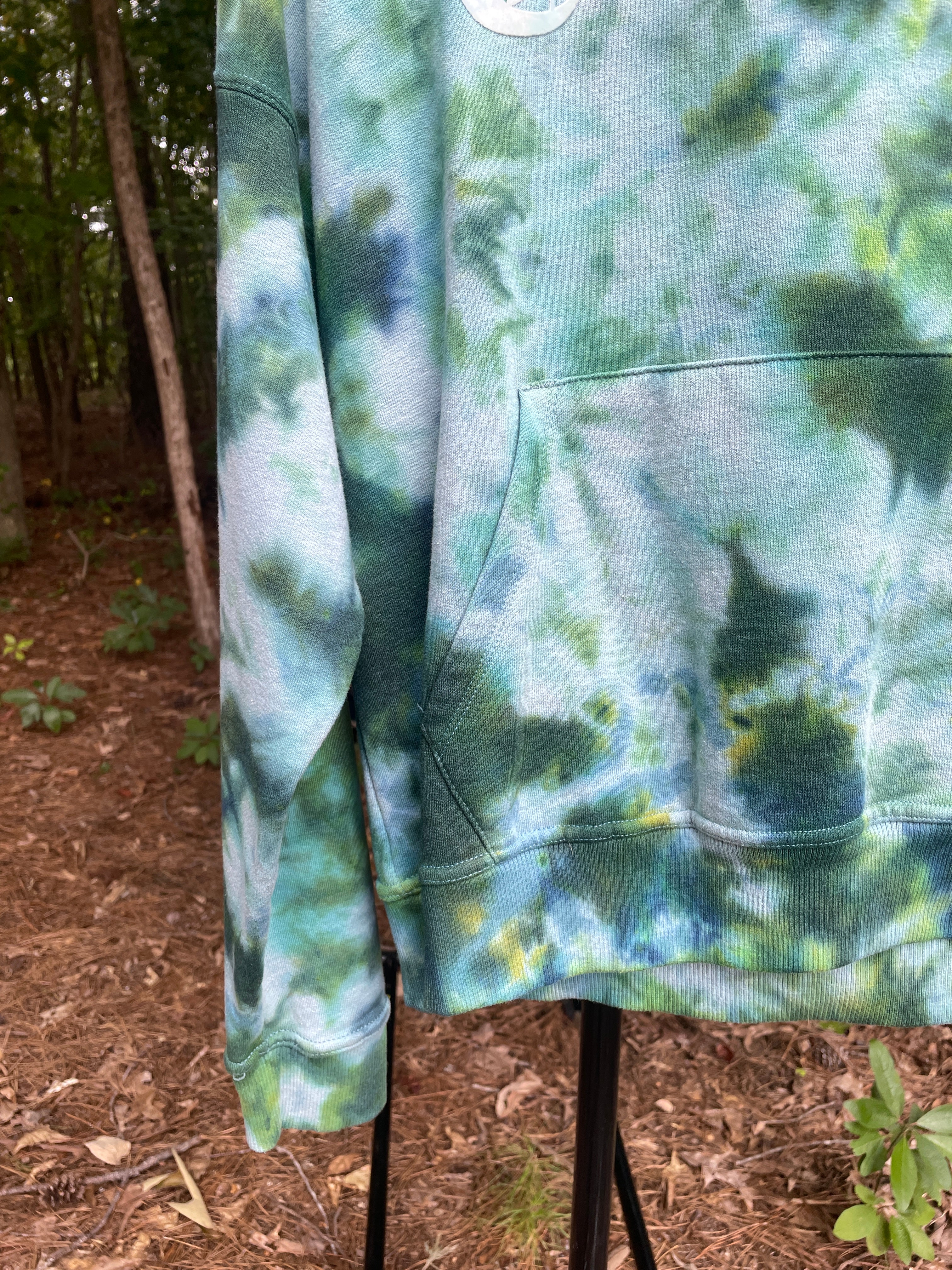 Small Women's Champion Tie Dye Long Sleeve Pullover Hoodie | One-Of-a-Kind Upcycled Green and Blue Sweatshirt
