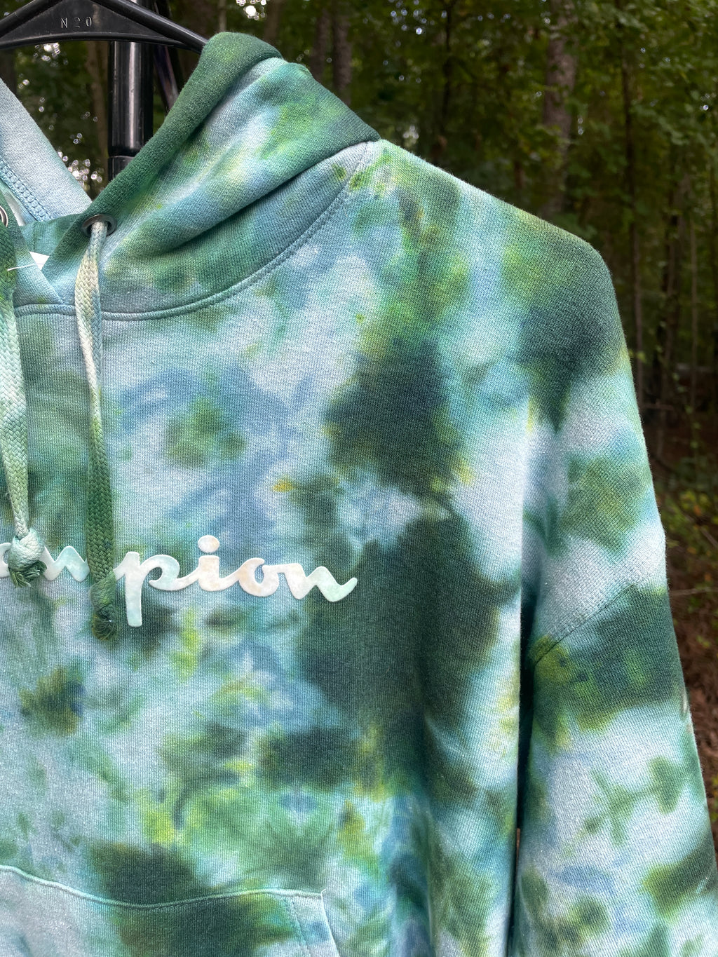 Small Women's Champion Tie Dye Long Sleeve Pullover Hoodie | One-Of-a-Kind Upcycled Green and Blue Sweatshirt