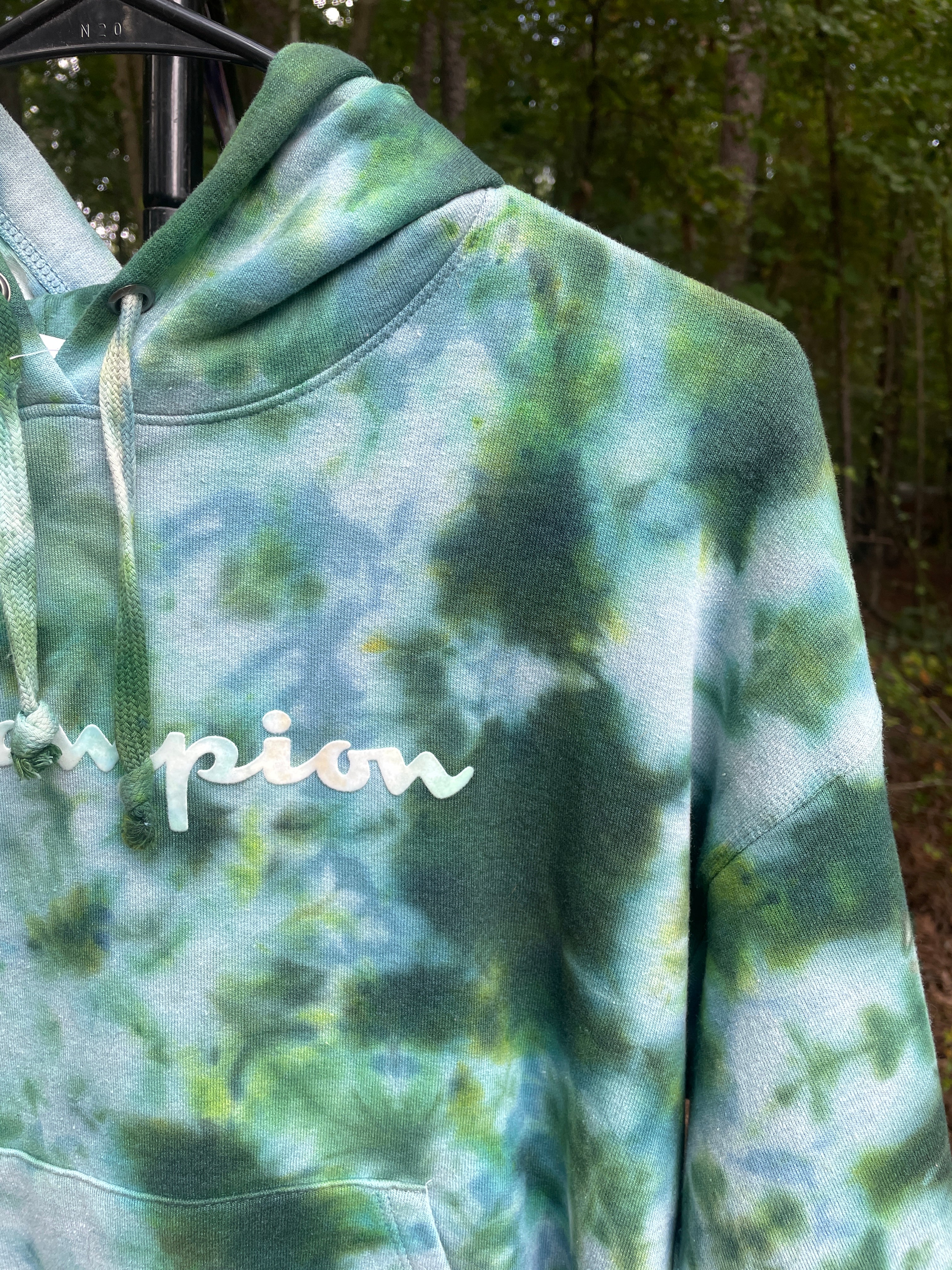 Small Women's Champion Tie Dye Long Sleeve Pullover Hoodie | One-Of-a-Kind Upcycled Green and Blue Sweatshirt
