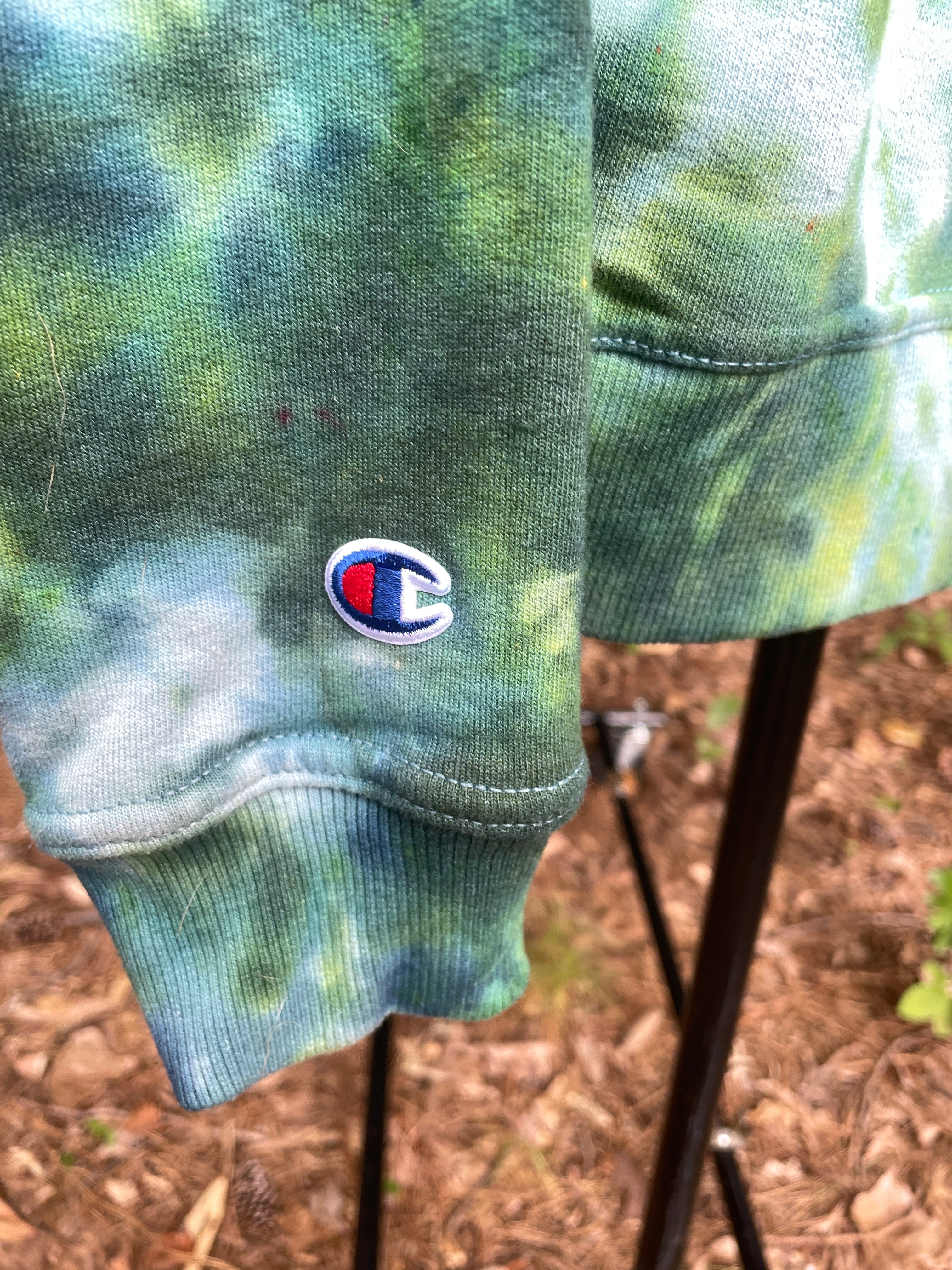 Small Women's Champion Tie Dye Long Sleeve Pullover Hoodie | One-Of-a-Kind Upcycled Green and Blue Sweatshirt