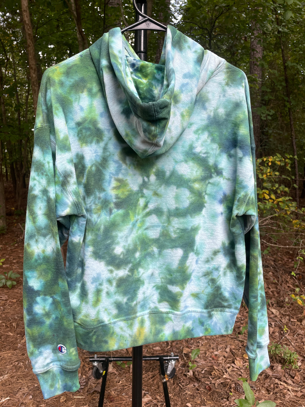 Small Women's Champion Tie Dye Long Sleeve Pullover Hoodie | One-Of-a-Kind Upcycled Green and Blue Sweatshirt