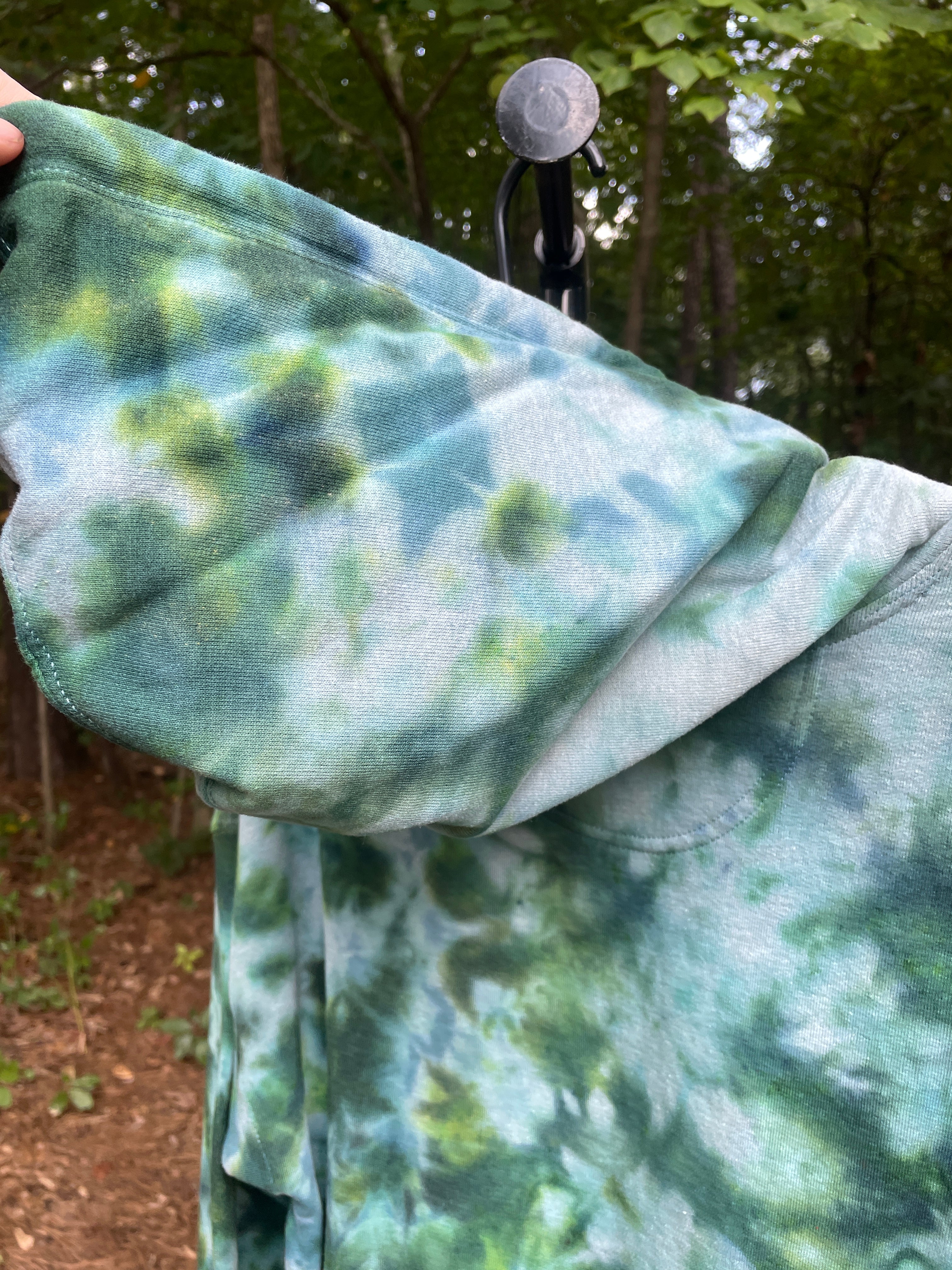 Small Women's Champion Tie Dye Long Sleeve Pullover Hoodie | One-Of-a-Kind Upcycled Green and Blue Sweatshirt