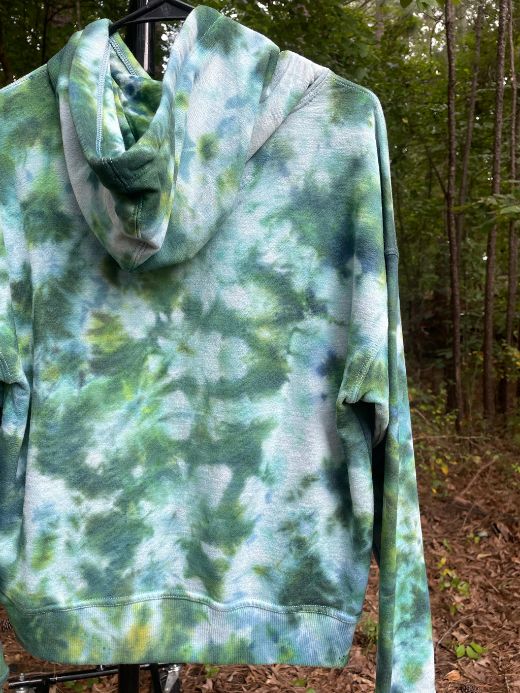 Small Women's Champion Tie Dye Long Sleeve Pullover Hoodie | One-Of-a-Kind Upcycled Green and Blue Sweatshirt