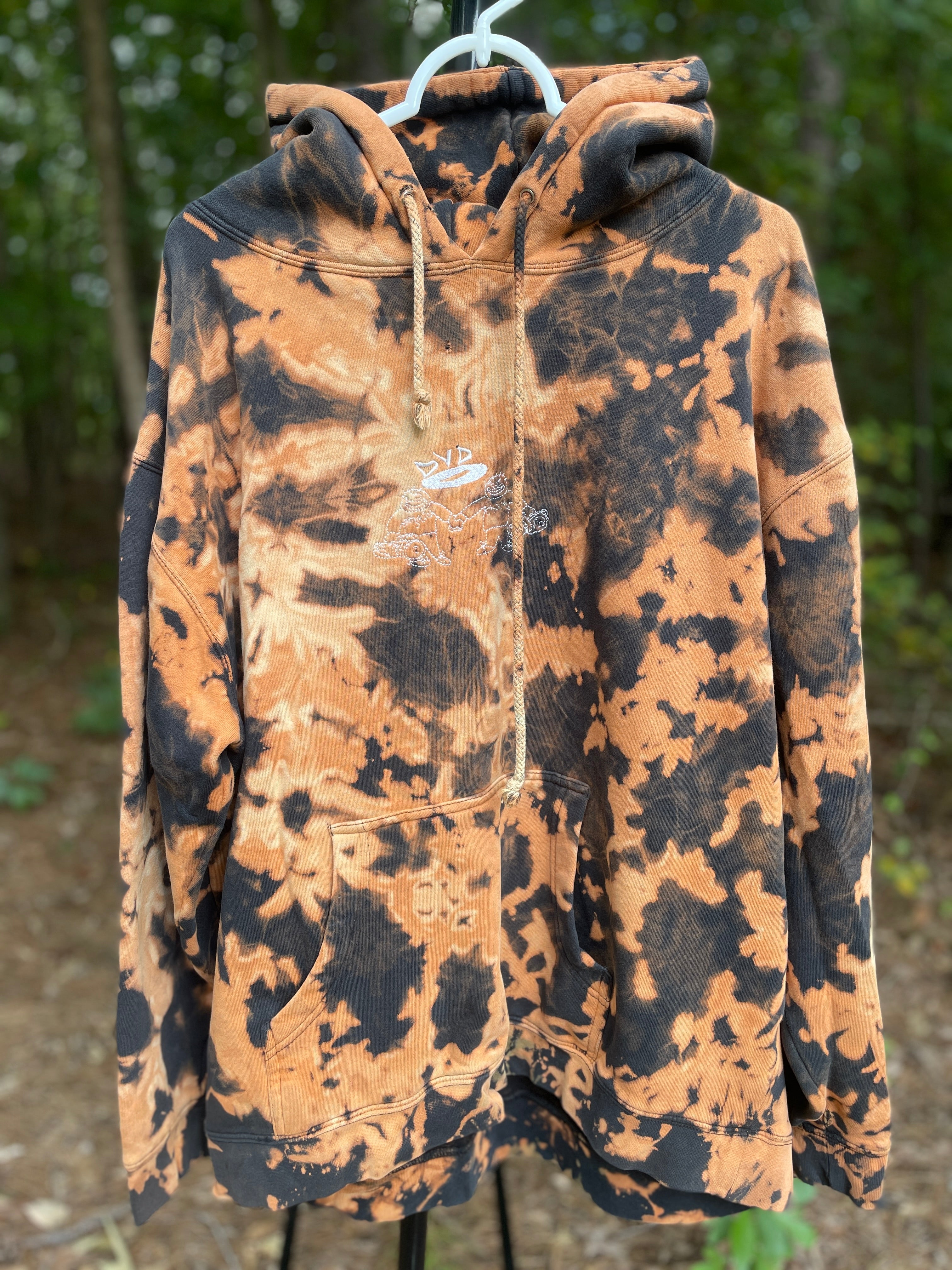 XL Men's DVD Bleach Dye Long Sleeve Pullover Hoodie | One-Of-a-Kind Upcycled Black and Orange Sweatshirt