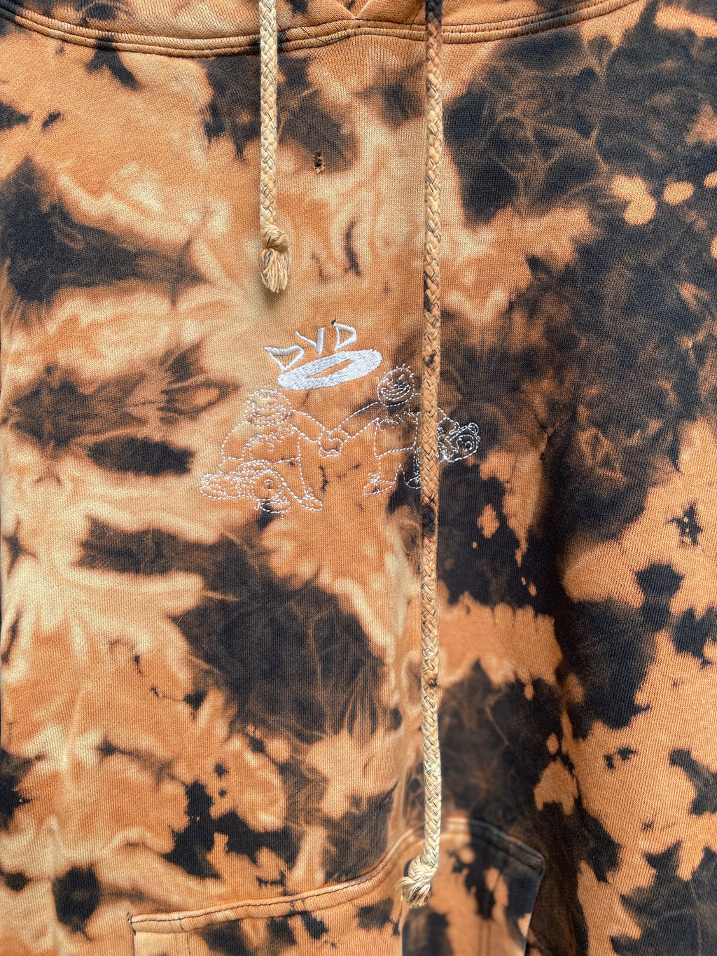 XL Men's DVD Bleach Dye Long Sleeve Pullover Hoodie | One-Of-a-Kind Upcycled Black and Orange Sweatshirt