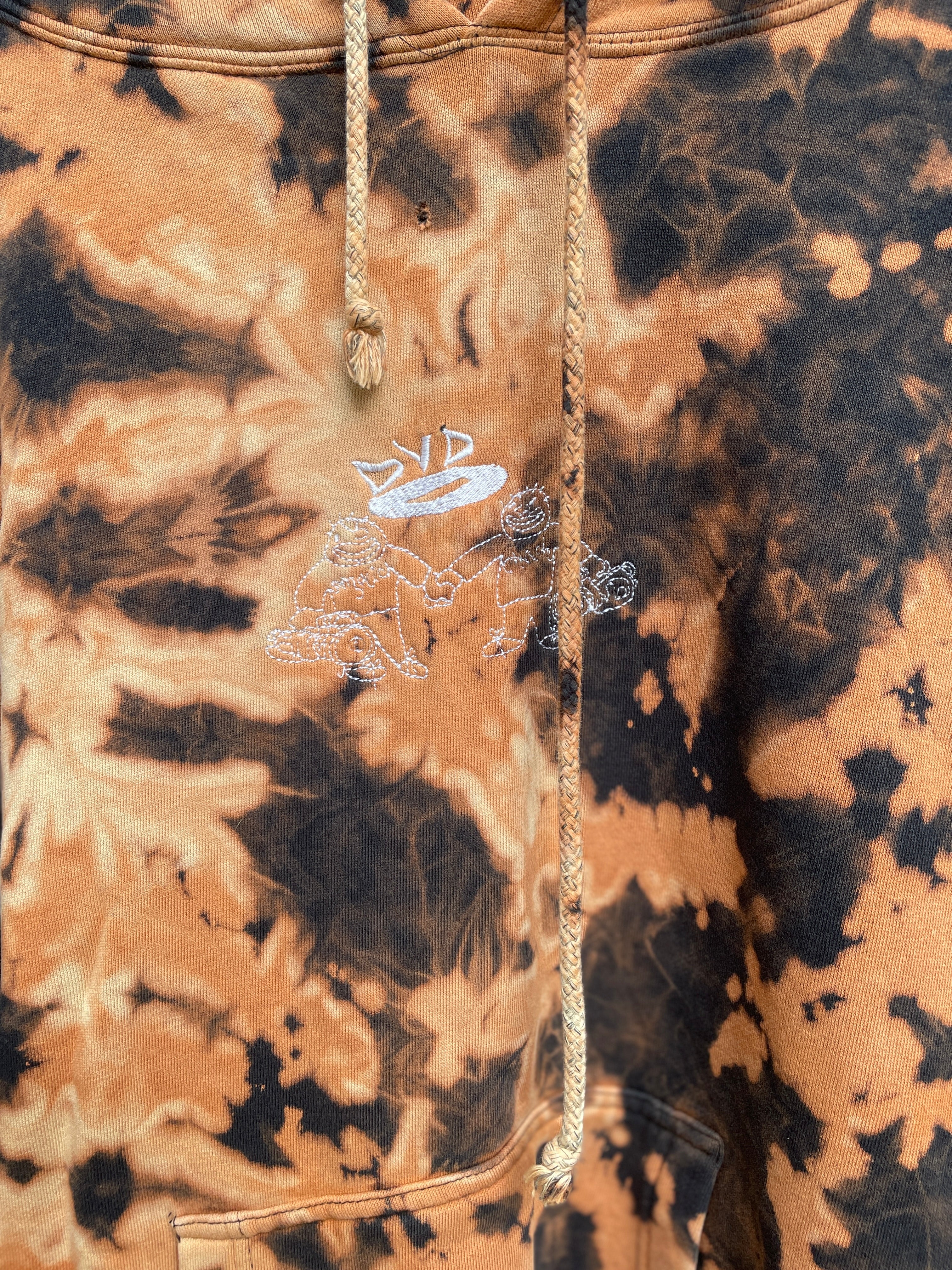 XL Men's DVD Bleach Dye Long Sleeve Pullover Hoodie | One-Of-a-Kind Upcycled Black and Orange Sweatshirt