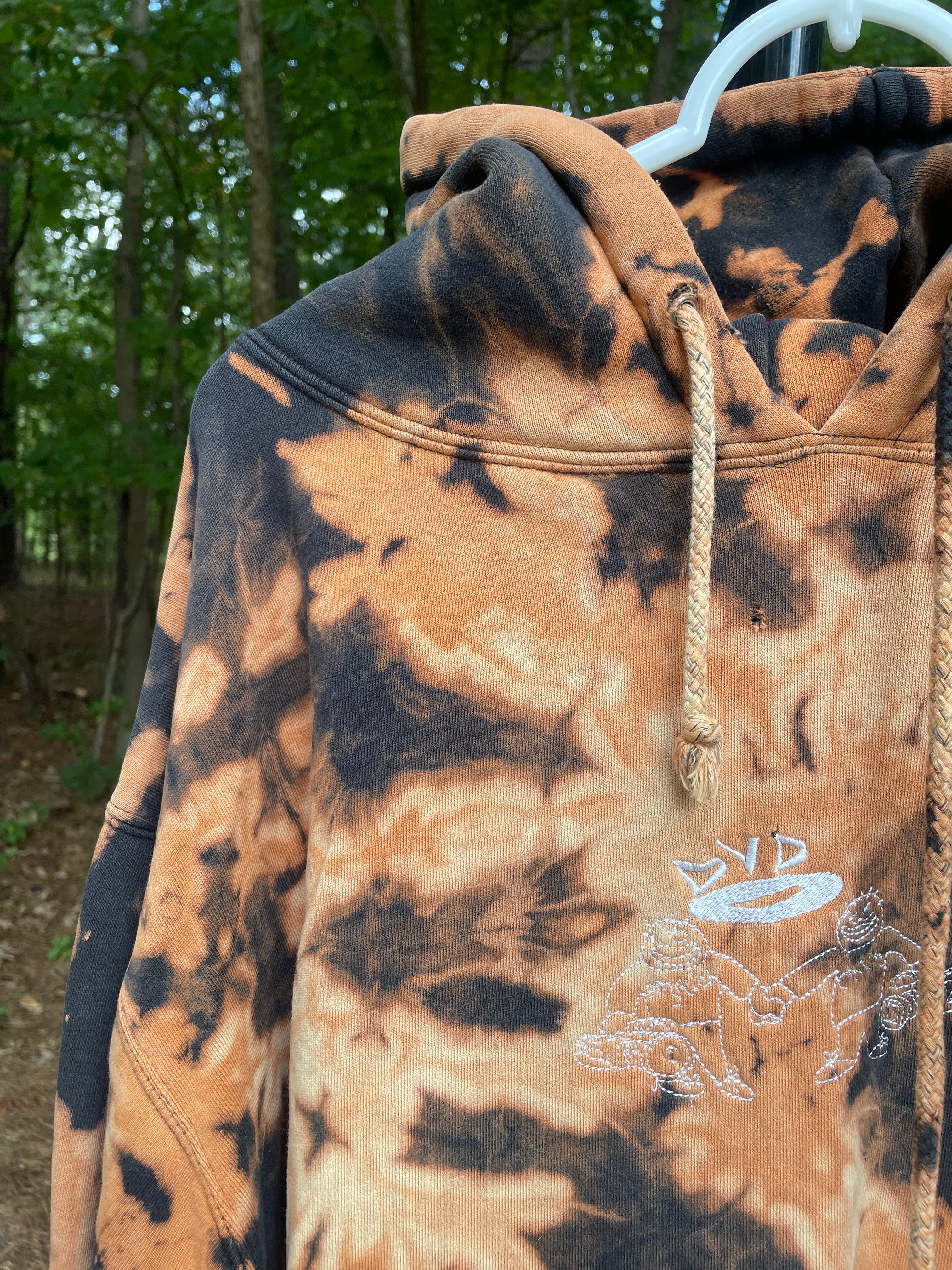 XL Men's DVD Bleach Dye Long Sleeve Pullover Hoodie | One-Of-a-Kind Upcycled Black and Orange Sweatshirt