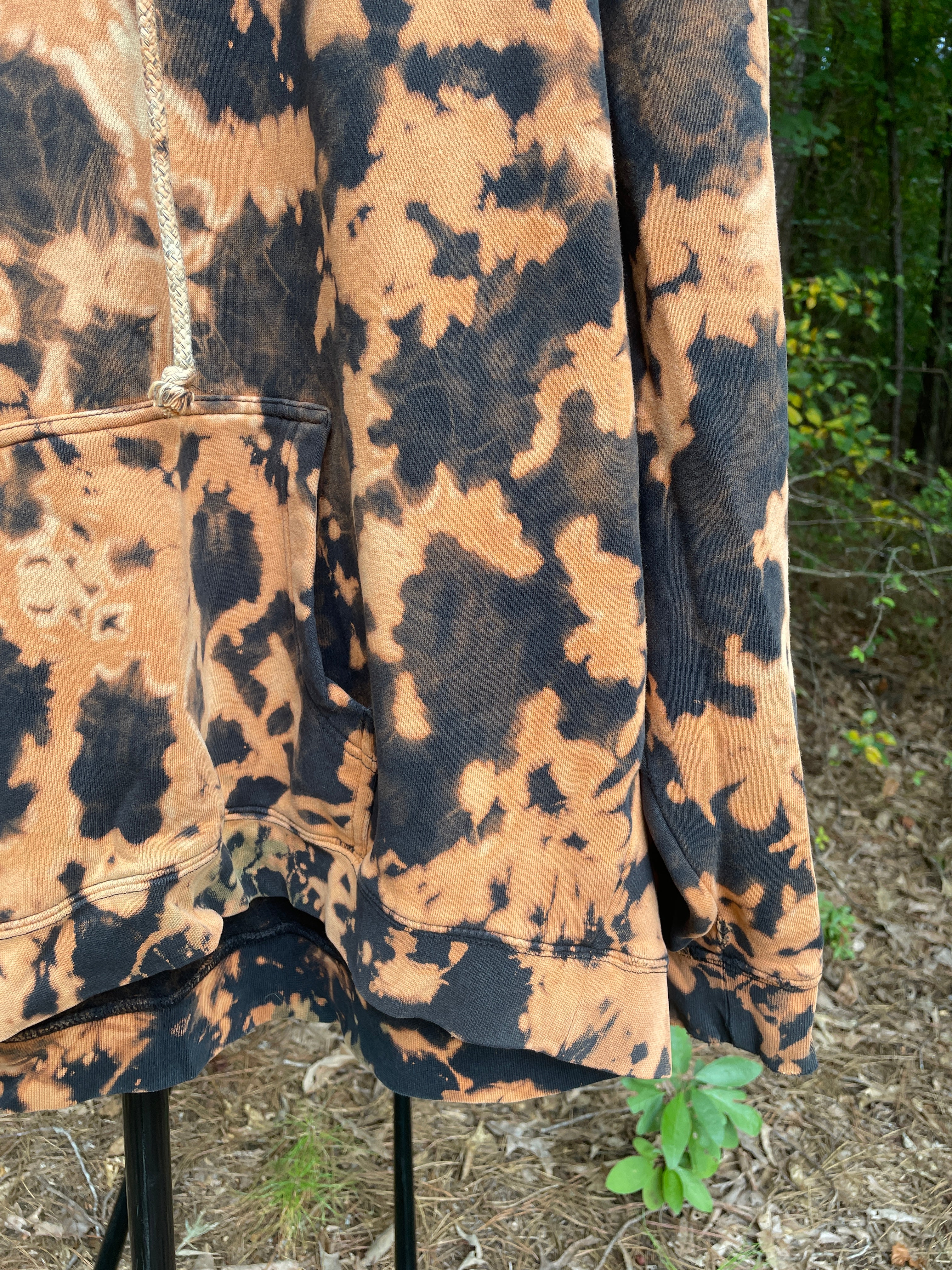 XL Men's DVD Bleach Dye Long Sleeve Pullover Hoodie | One-Of-a-Kind Upcycled Black and Orange Sweatshirt