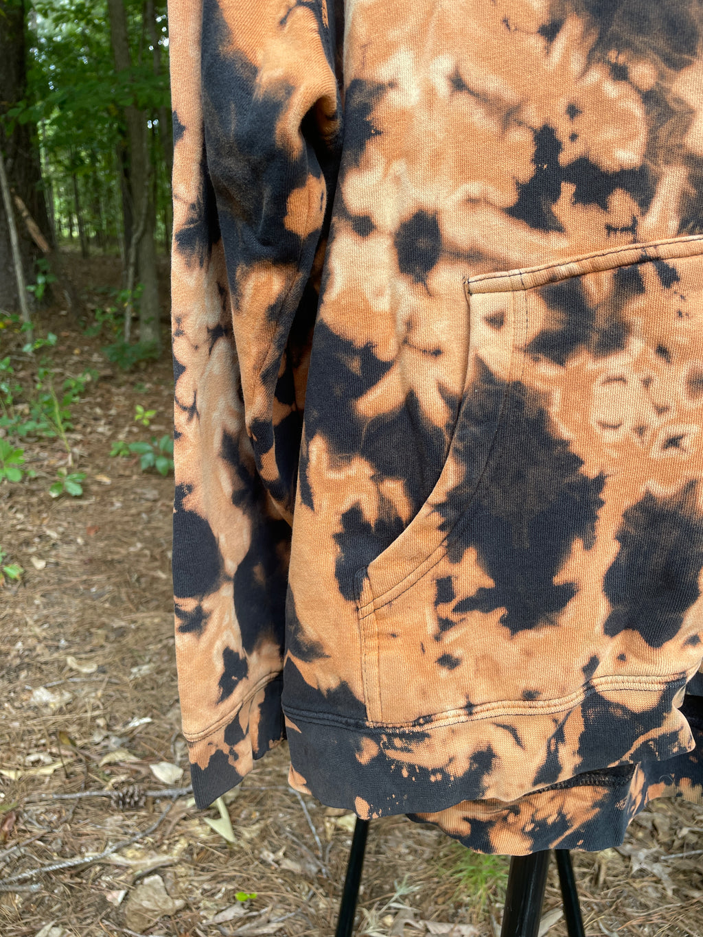 XL Men's DVD Bleach Dye Long Sleeve Pullover Hoodie | One-Of-a-Kind Upcycled Black and Orange Sweatshirt