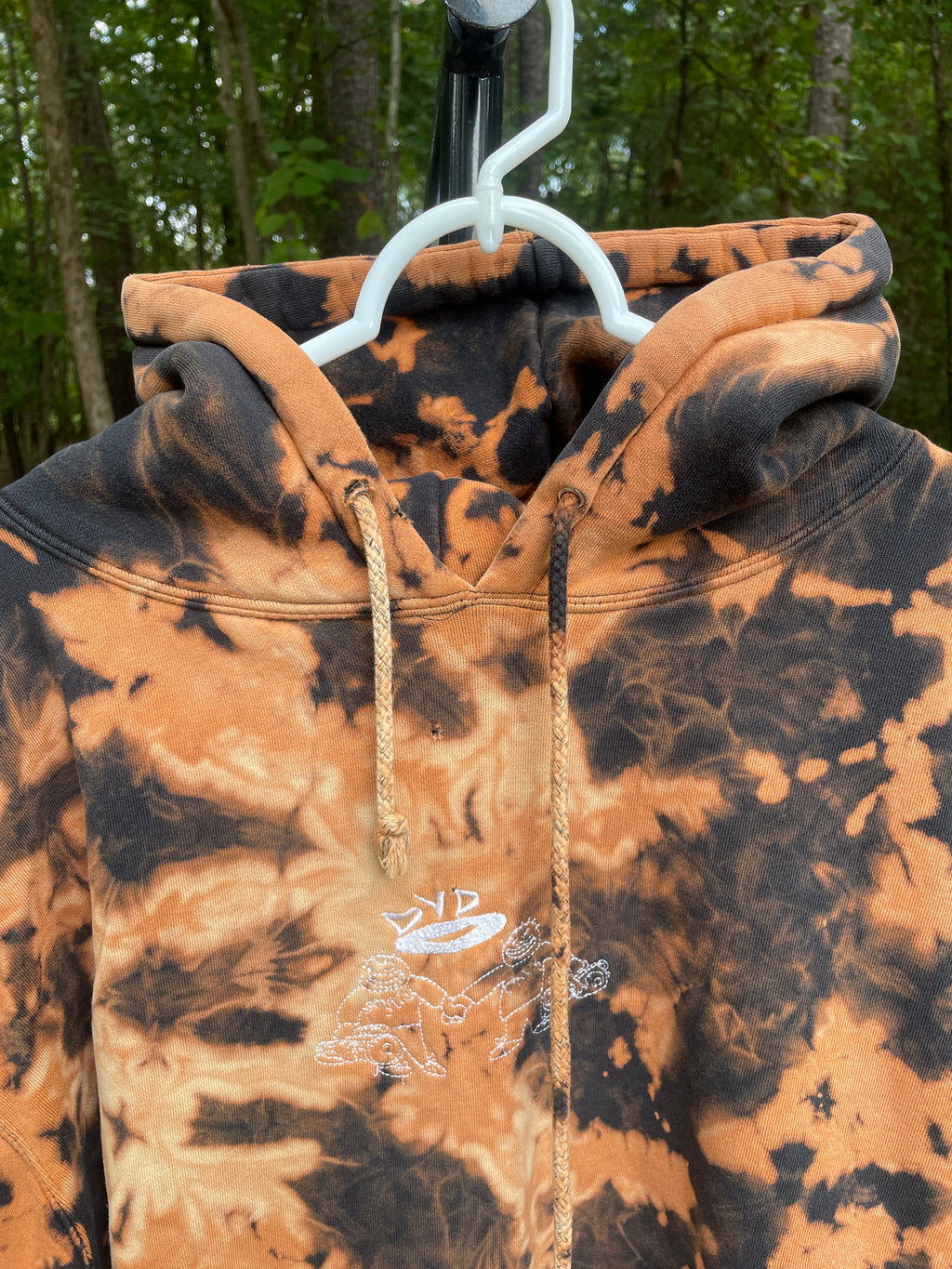 XL Men's DVD Bleach Dye Long Sleeve Pullover Hoodie | One-Of-a-Kind Upcycled Black and Orange Sweatshirt