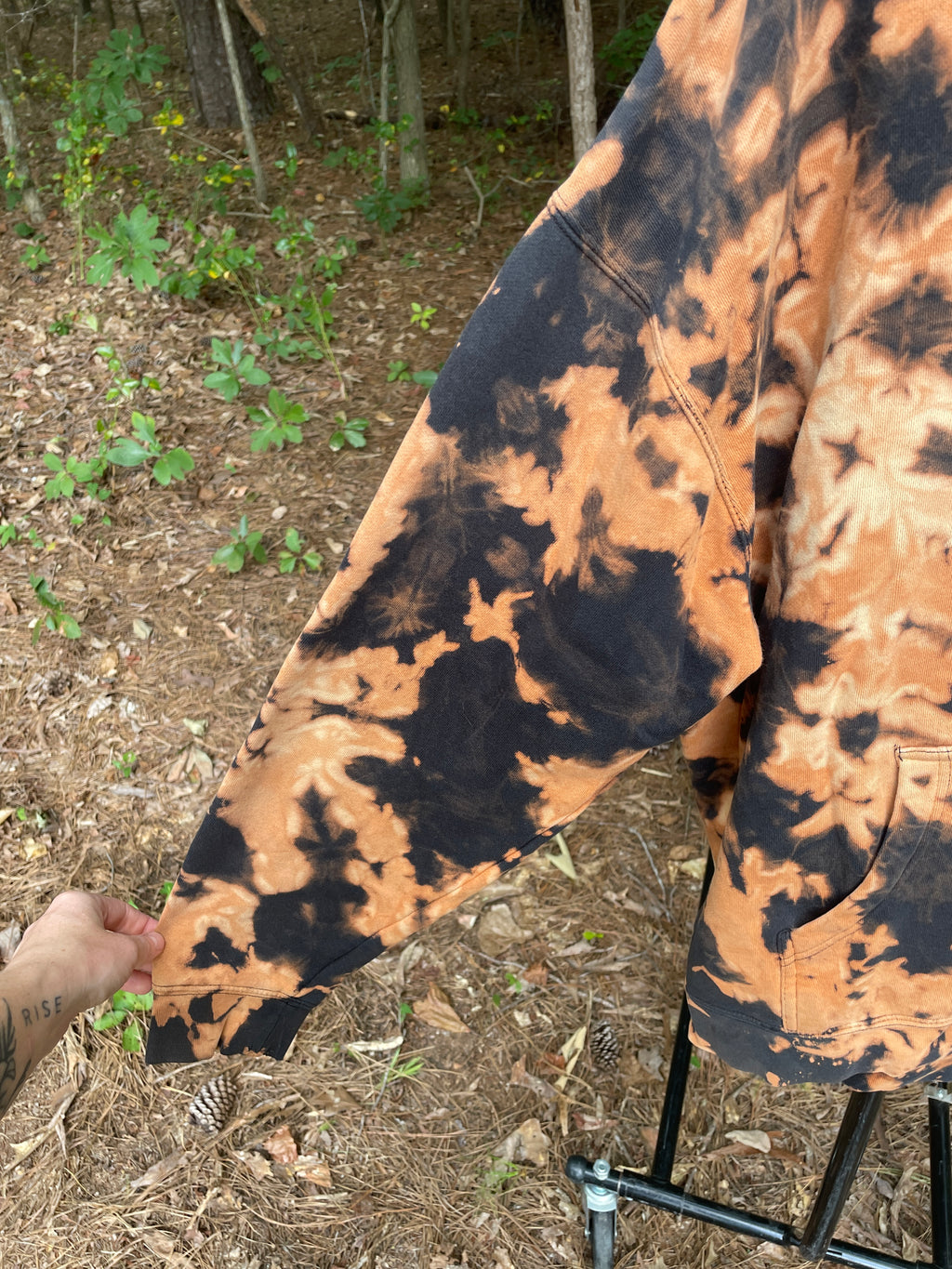 XL Men's DVD Bleach Dye Long Sleeve Pullover Hoodie | One-Of-a-Kind Upcycled Black and Orange Sweatshirt