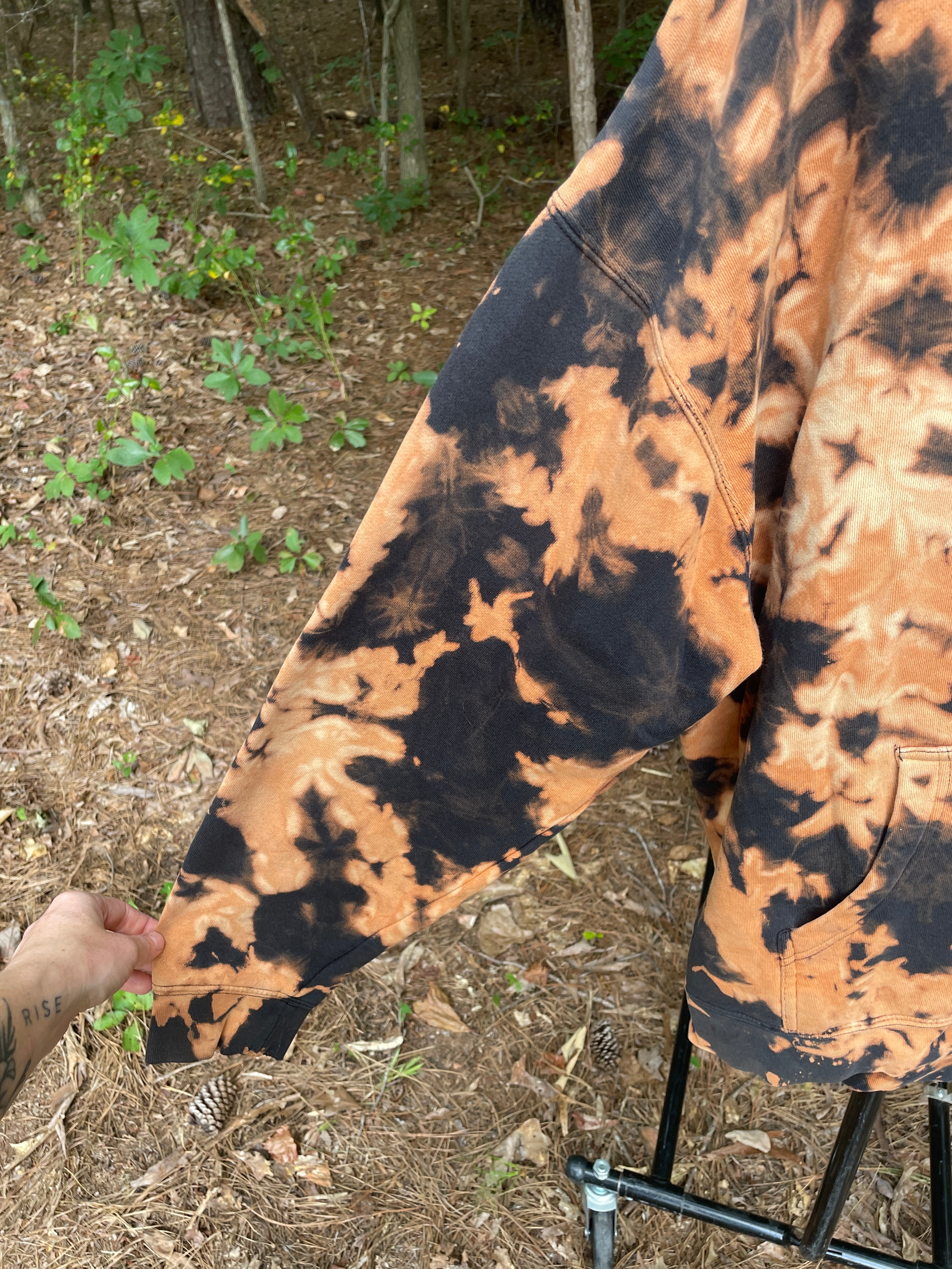 XL Men's DVD Bleach Dye Long Sleeve Pullover Hoodie | One-Of-a-Kind Upcycled Black and Orange Sweatshirt