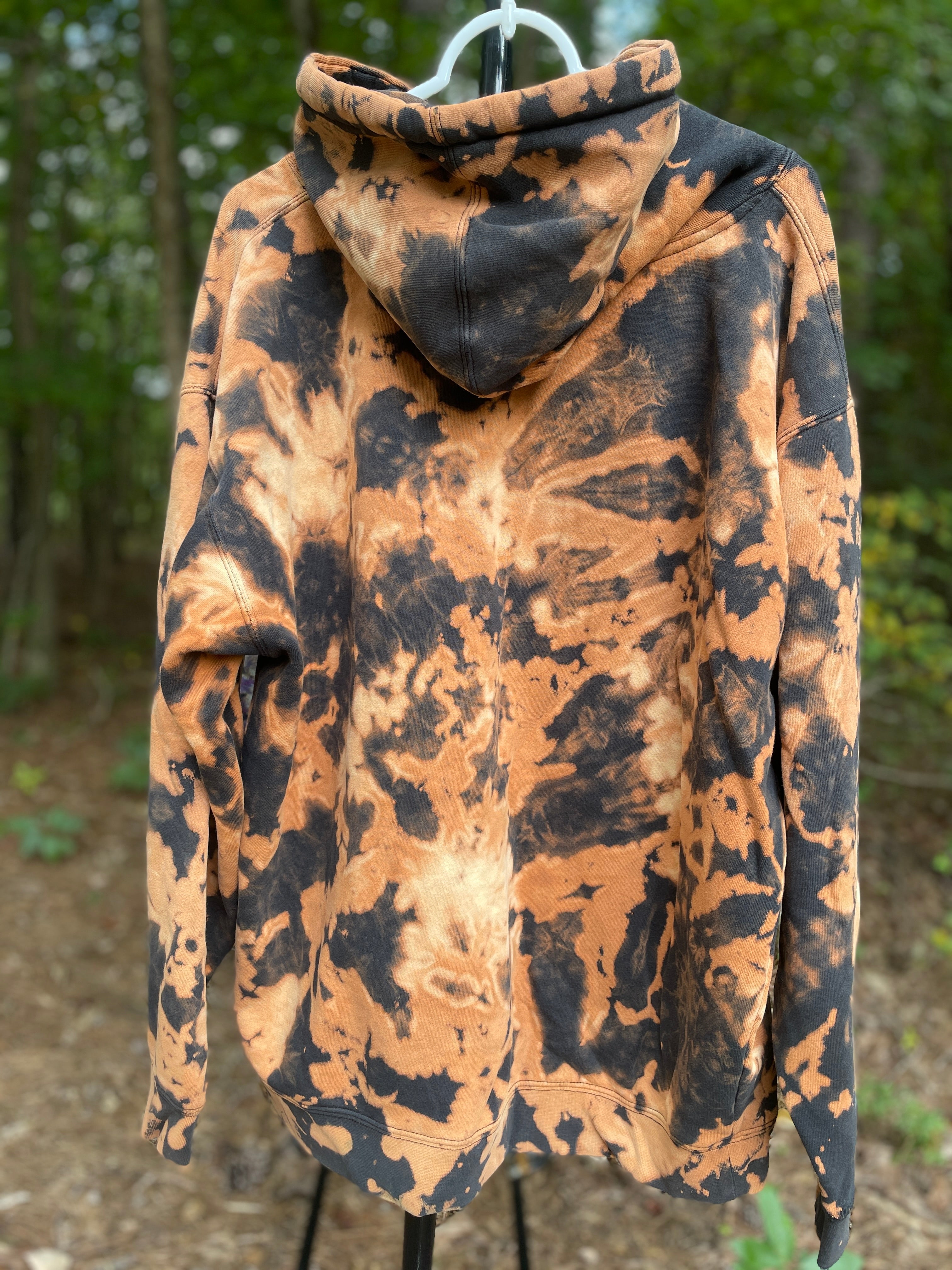 XL Men's DVD Bleach Dye Long Sleeve Pullover Hoodie | One-Of-a-Kind Upcycled Black and Orange Sweatshirt