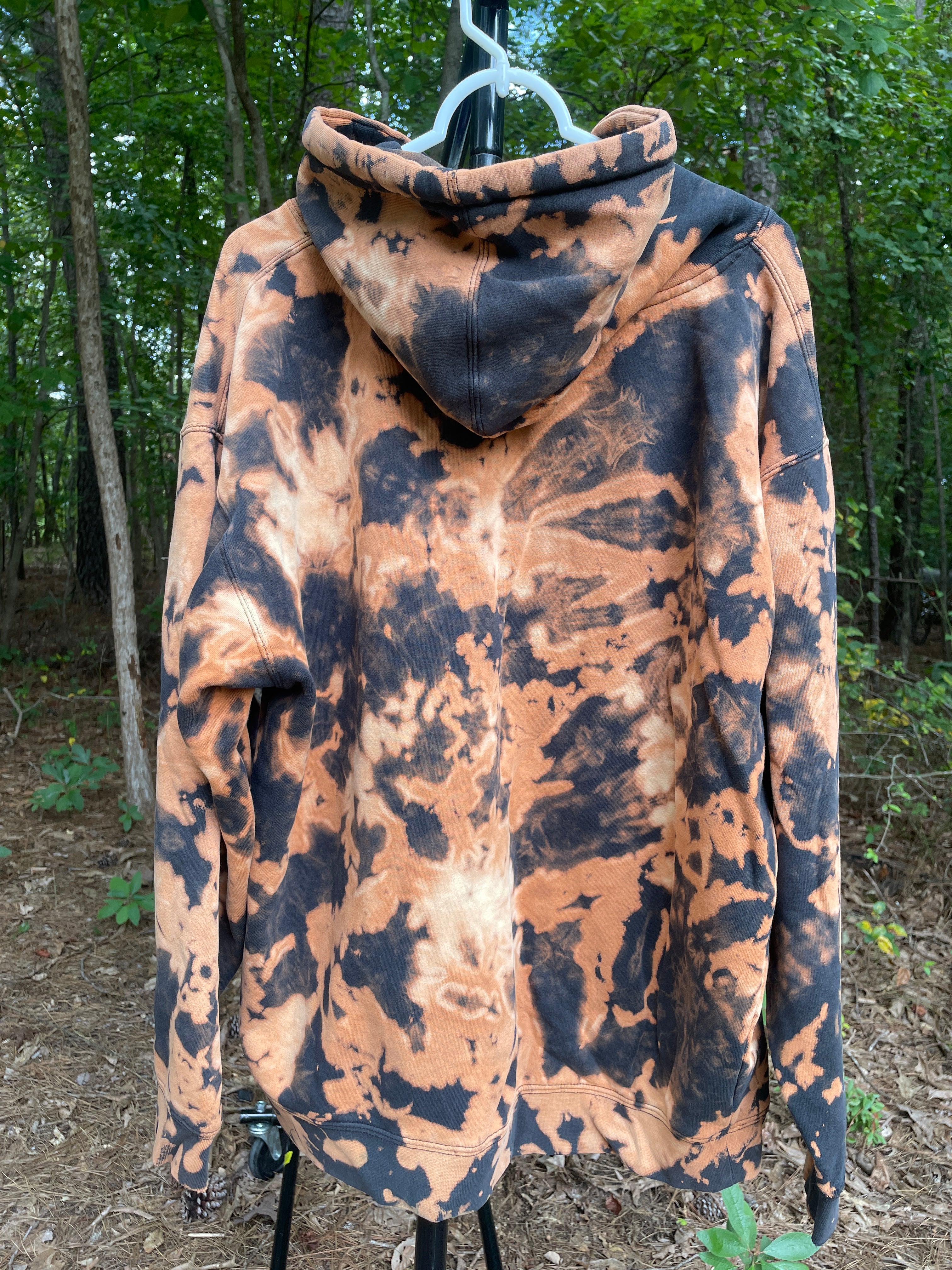 XL Men's DVD Bleach Dye Long Sleeve Pullover Hoodie | One-Of-a-Kind Upcycled Black and Orange Sweatshirt