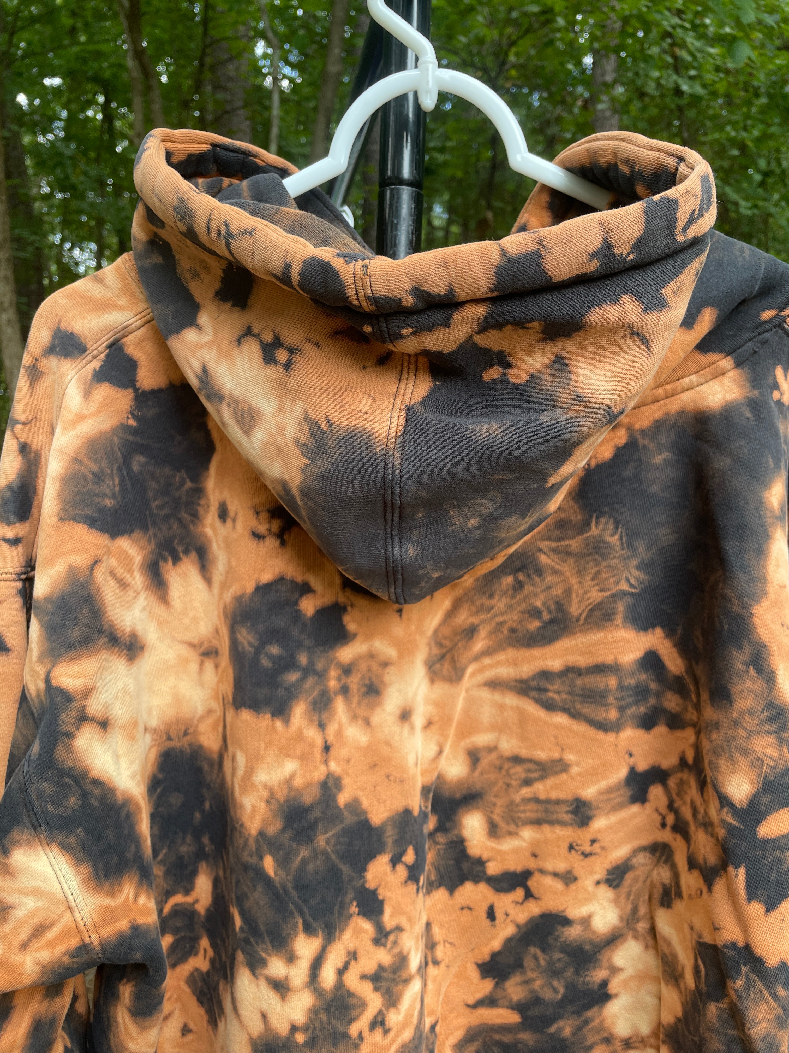 XL Men's DVD Bleach Dye Long Sleeve Pullover Hoodie | One-Of-a-Kind Upcycled Black and Orange Sweatshirt