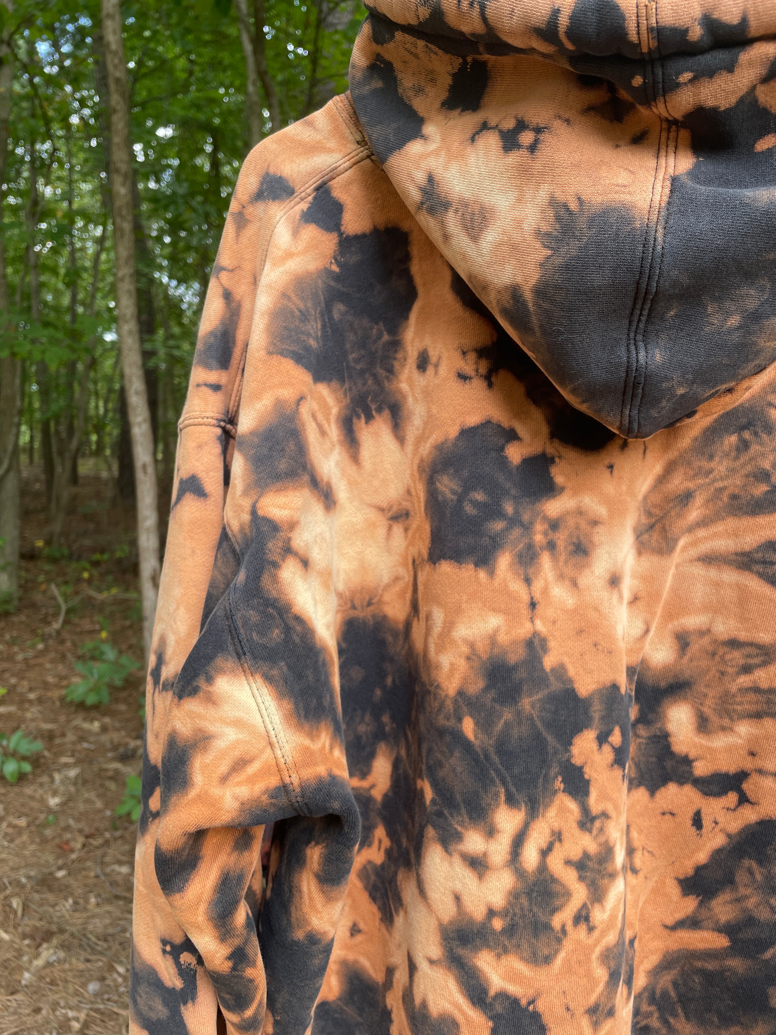 XL Men's DVD Bleach Dye Long Sleeve Pullover Hoodie | One-Of-a-Kind Upcycled Black and Orange Sweatshirt