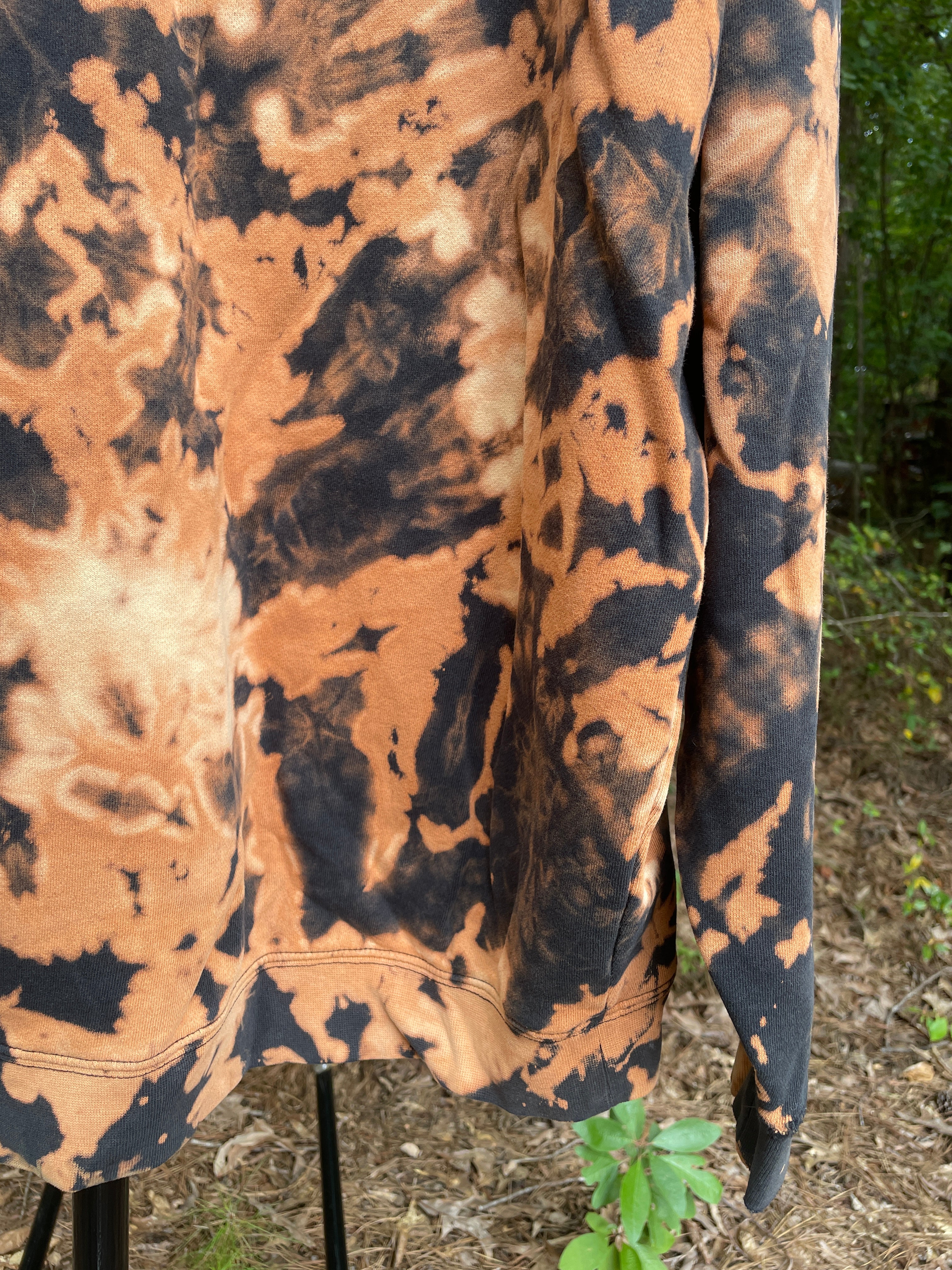 XL Men's DVD Bleach Dye Long Sleeve Pullover Hoodie | One-Of-a-Kind Upcycled Black and Orange Sweatshirt