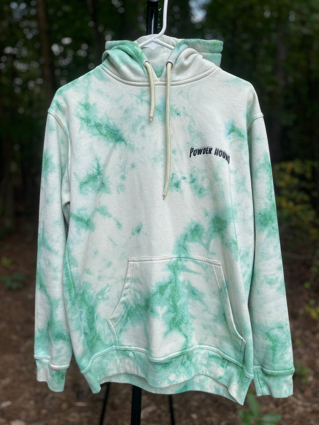 Medium Men's Powder Hound Tie Dye Long Sleeve Pullover Hoodie | One-Of-a-Kind Upcycled White and Green Sweatshirt