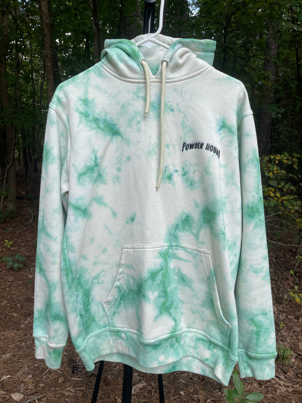 Medium Men's Powder Hound Tie Dye Long Sleeve Pullover Hoodie | One-Of-a-Kind Upcycled White and Green Sweatshirt