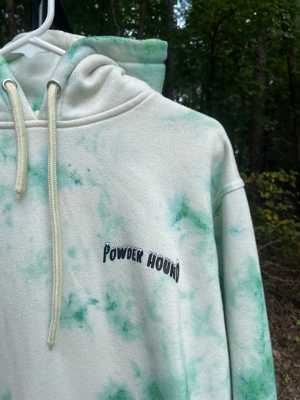Medium Men's Powder Hound Tie Dye Long Sleeve Pullover Hoodie | One-Of-a-Kind Upcycled White and Green Sweatshirt